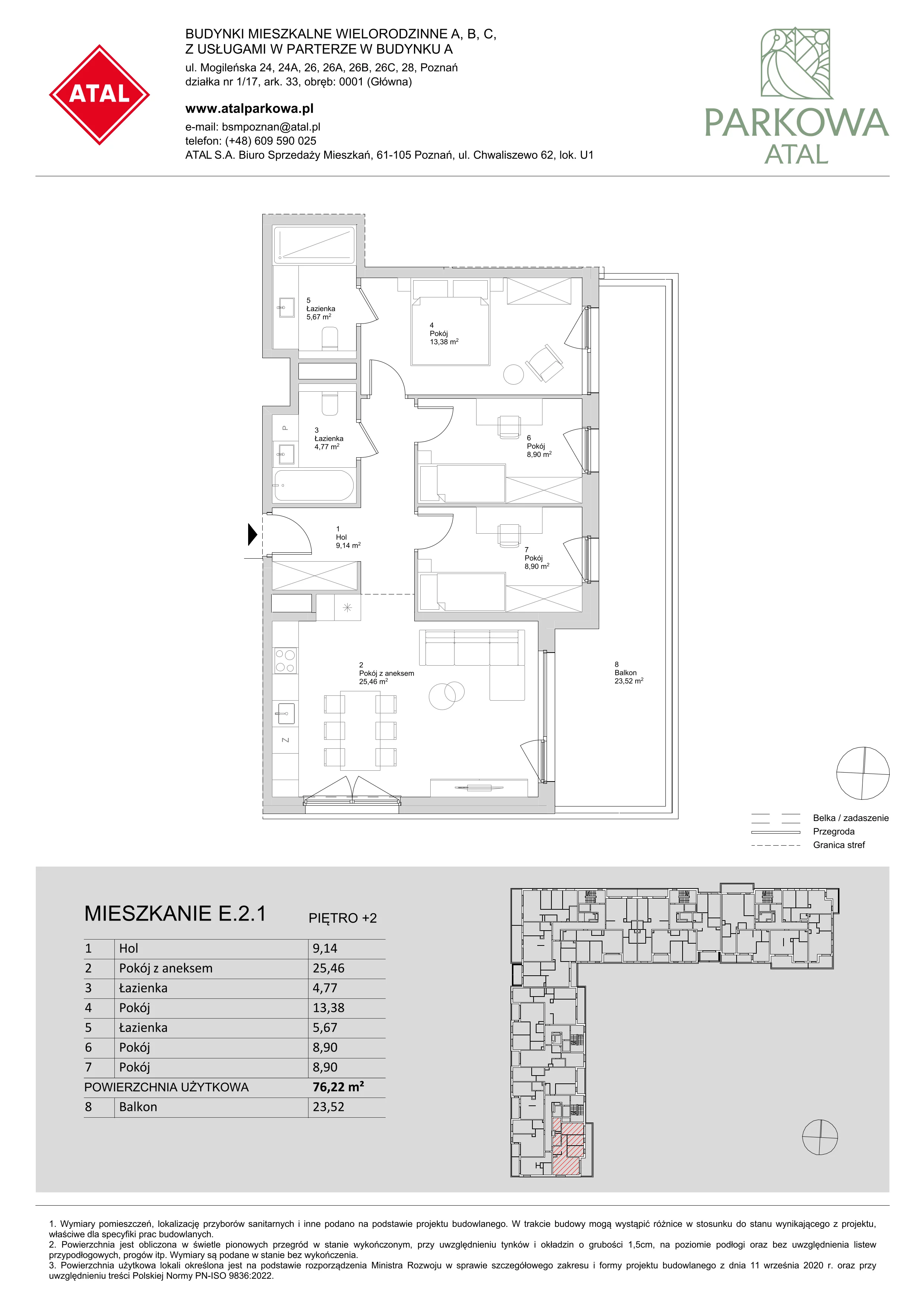 4 pokoje, mieszkanie 76,22 m², piętro 2, oferta nr E.2.1, ATAL Parkowa, Poznań, Nowe Miasto, Osiedle Warszawskie, ul. Mogileńska