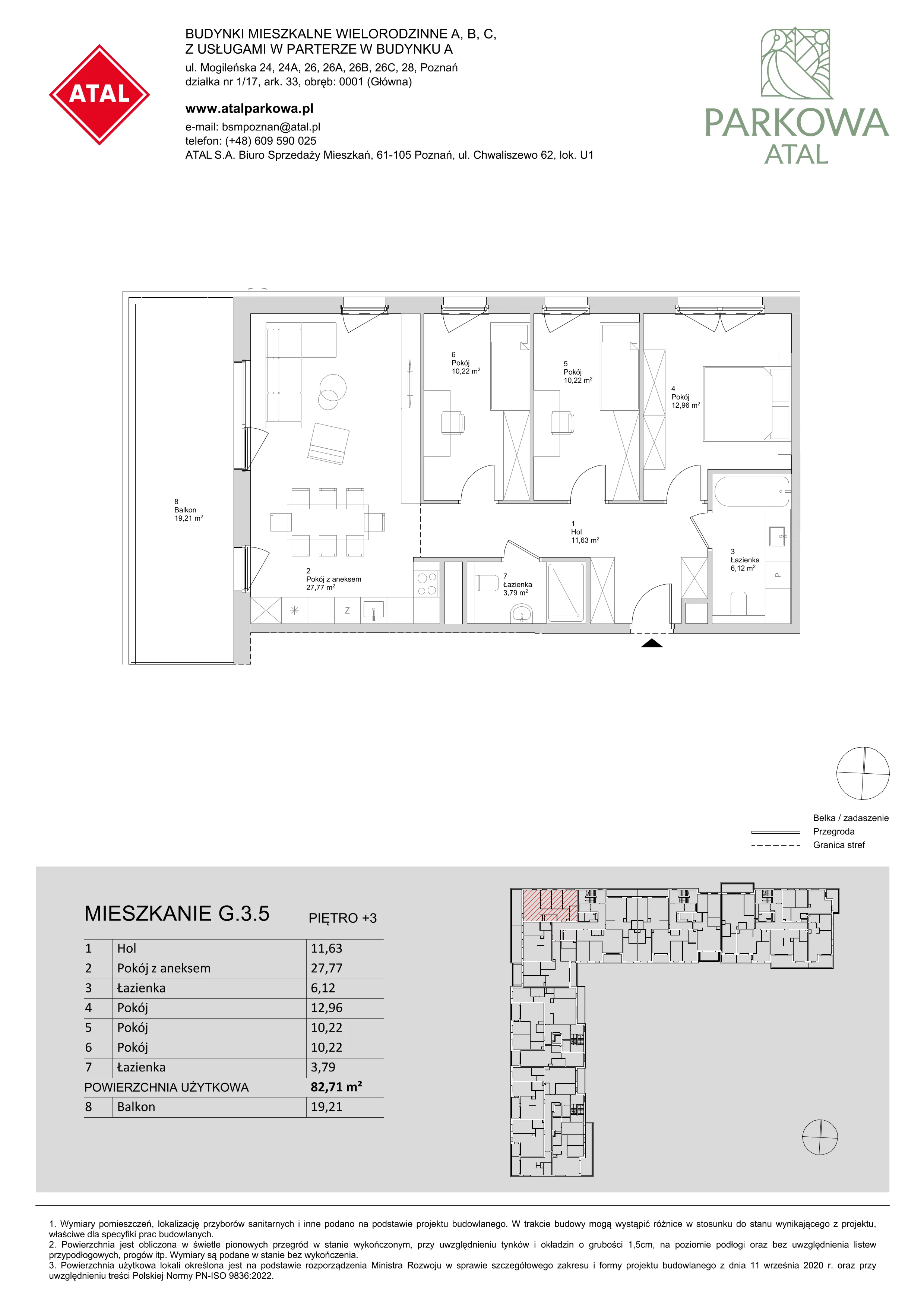 4 pokoje, mieszkanie 82,71 m², piętro 3, oferta nr G.3.5, ATAL Parkowa, Poznań, Nowe Miasto, Osiedle Warszawskie, ul. Mogileńska
