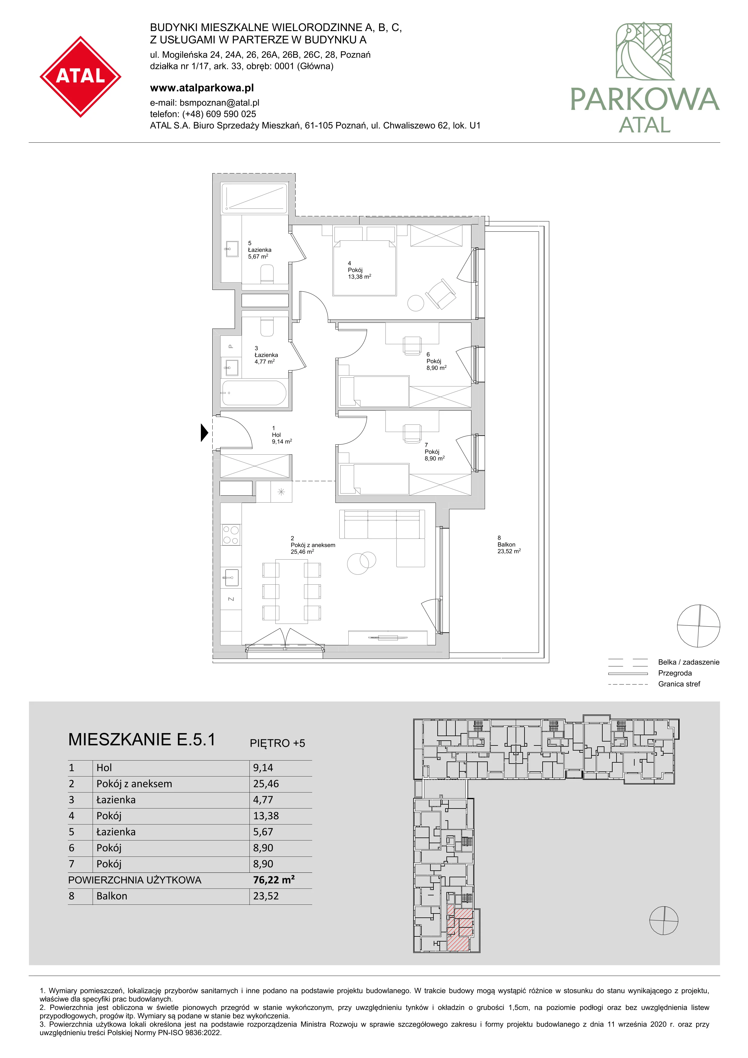 4 pokoje, mieszkanie 76,22 m², piętro 5, oferta nr E.5.1, ATAL Parkowa, Poznań, Nowe Miasto, Osiedle Warszawskie, ul. Mogileńska