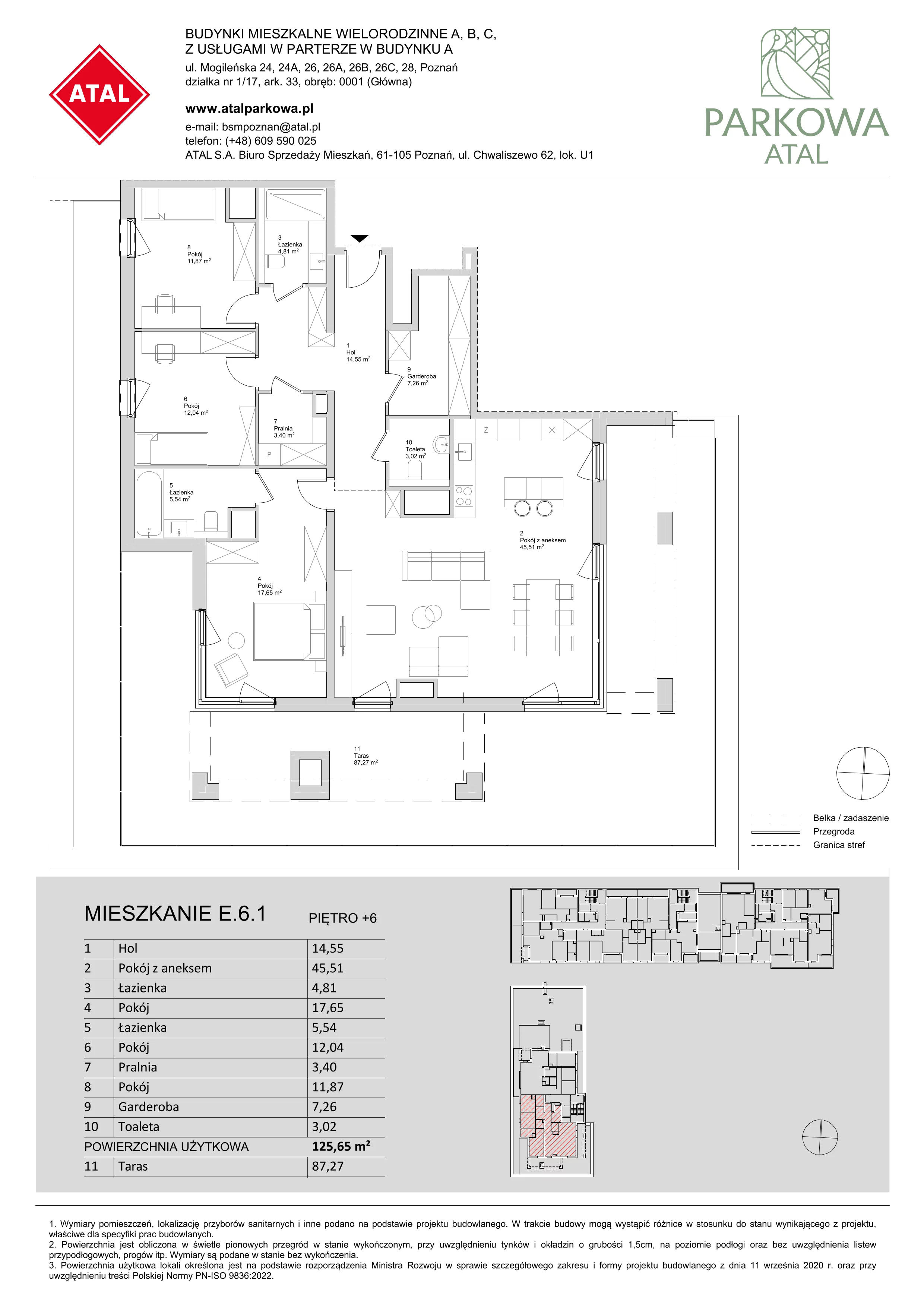 4 pokoje, mieszkanie 125,65 m², piętro 6, oferta nr E.6.1, ATAL Parkowa, Poznań, Nowe Miasto, Osiedle Warszawskie, ul. Mogileńska