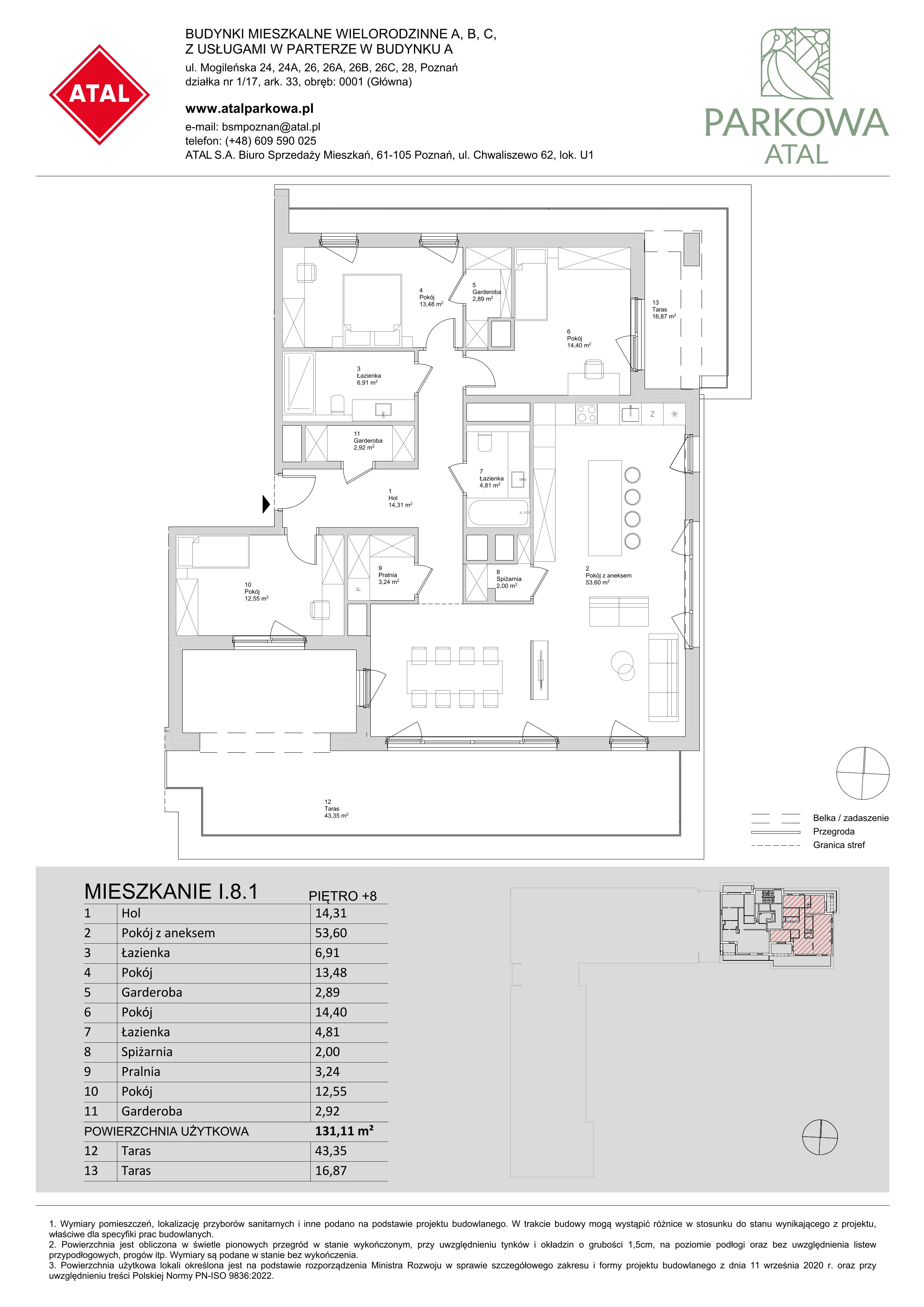 4 pokoje, mieszkanie 131,11 m², piętro 8, oferta nr I.8.1, ATAL Parkowa, Poznań, Nowe Miasto, Osiedle Warszawskie, ul. Mogileńska