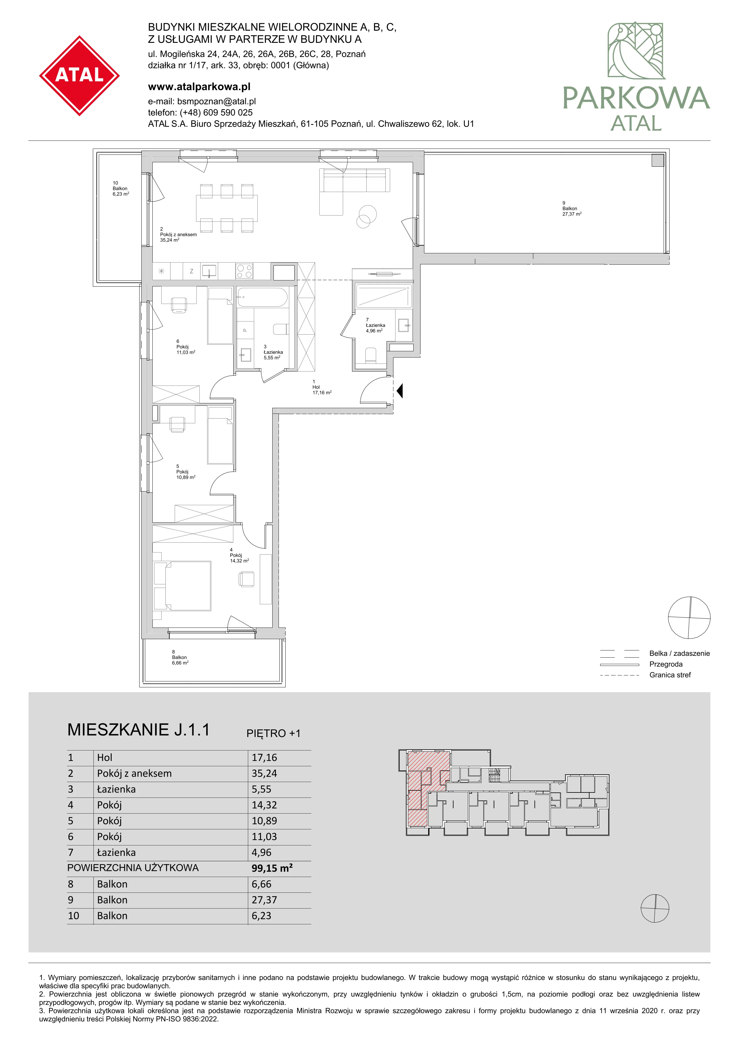 4 pokoje, mieszkanie 99,15 m², piętro 1, oferta nr J.1.1, ATAL Parkowa, Poznań, Nowe Miasto, Osiedle Warszawskie, ul. Mogileńska