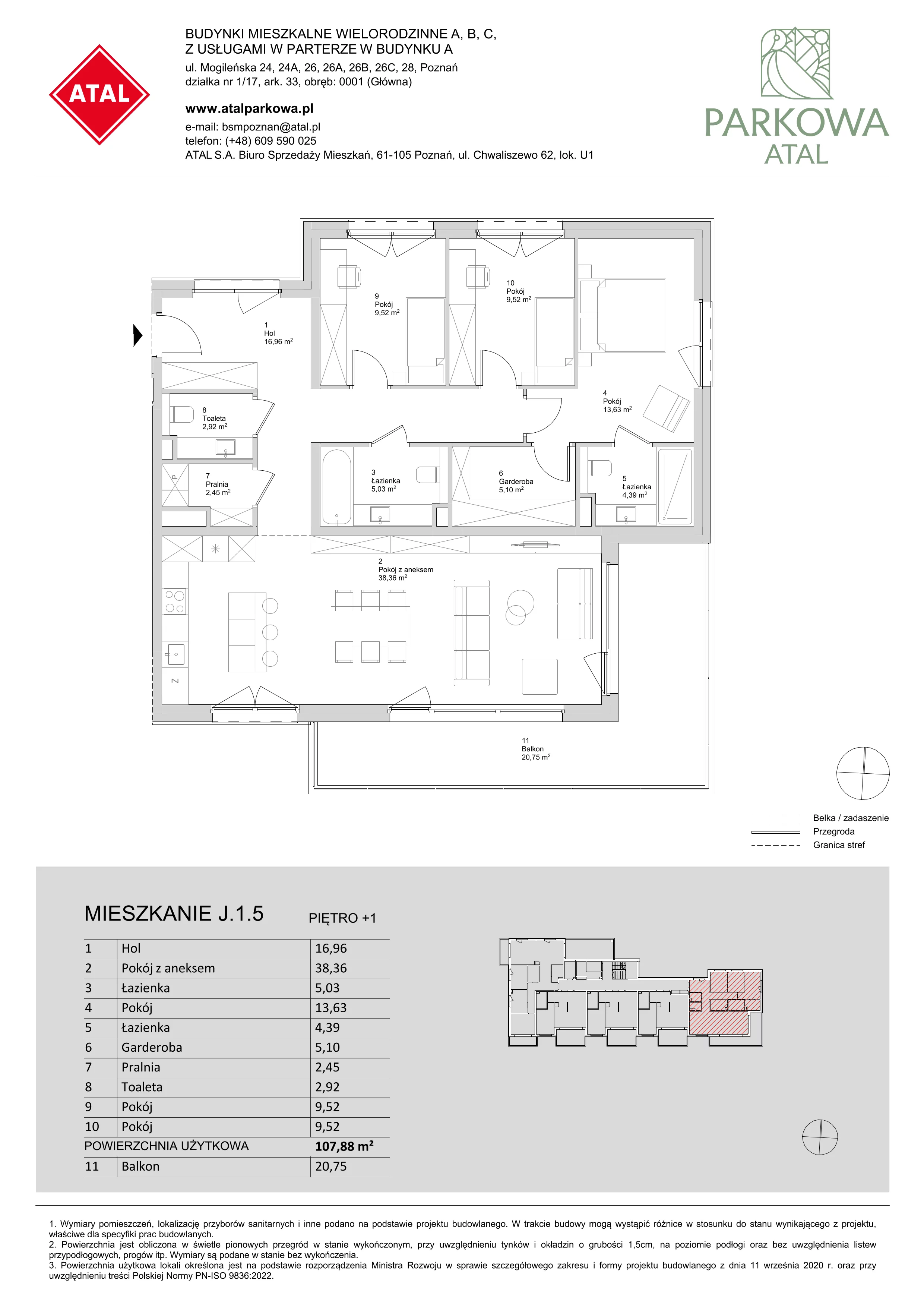 4 pokoje, mieszkanie 107,88 m², piętro 1, oferta nr J.1.5, ATAL Parkowa, Poznań, Nowe Miasto, Osiedle Warszawskie, ul. Mogileńska