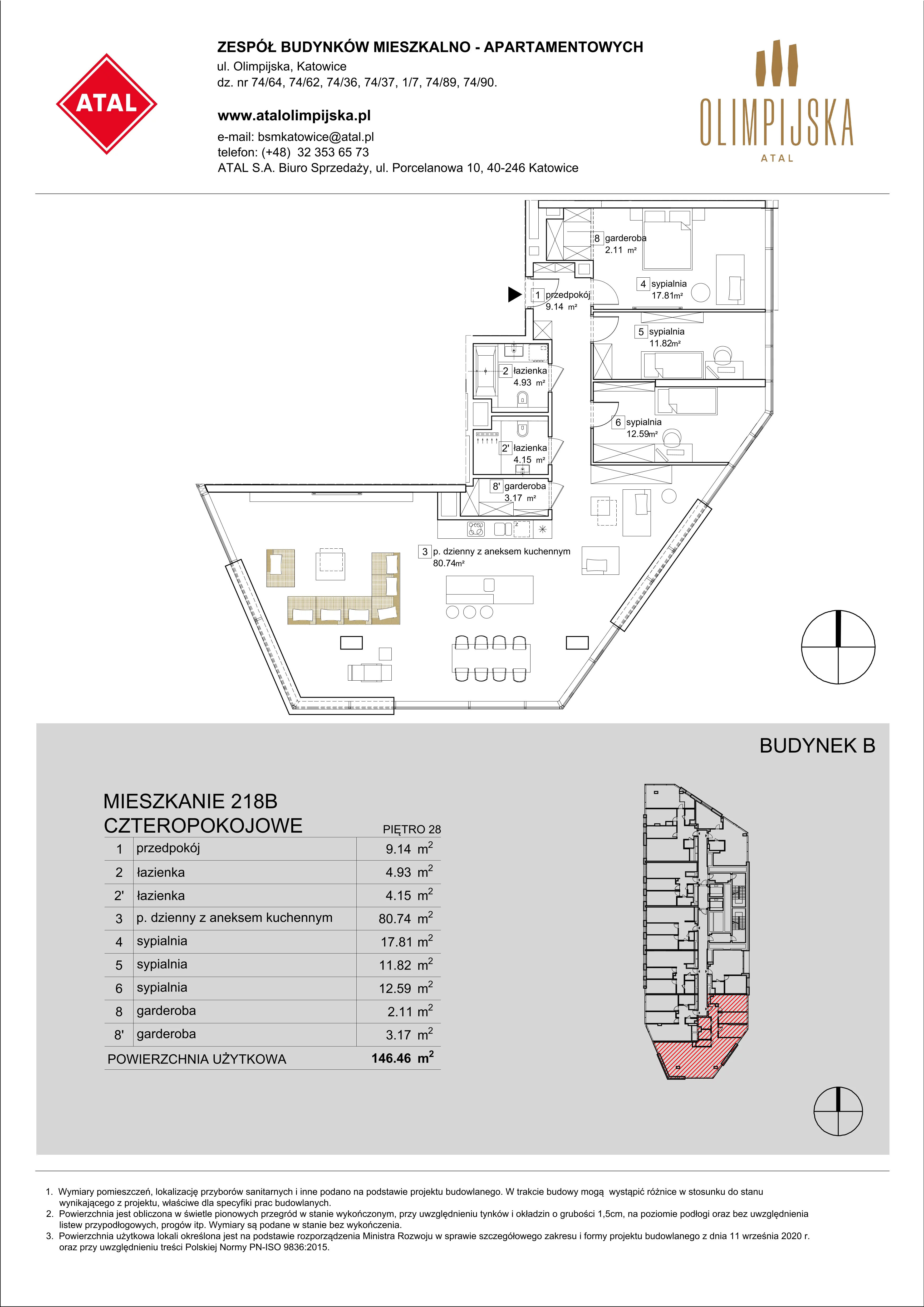 4 pokoje, mieszkanie 146,46 m², piętro 28, oferta nr B-28-218B, ATAL Olimpijska, Katowice, Bogucice, ul. Olimpijska / al. Korfantego