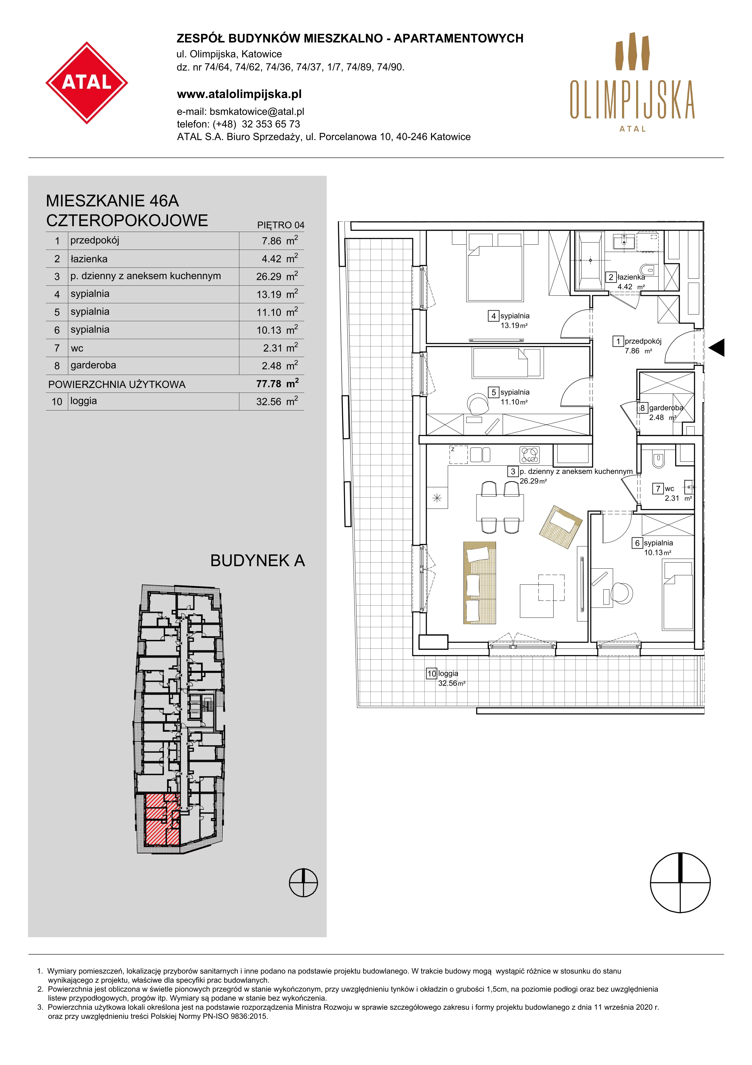 4 pokoje, apartament 77,78 m², piętro 4, oferta nr A-04-46A, ATAL Olimpijska, Katowice, Bogucice, ul. Olimpijska / al. Korfantego