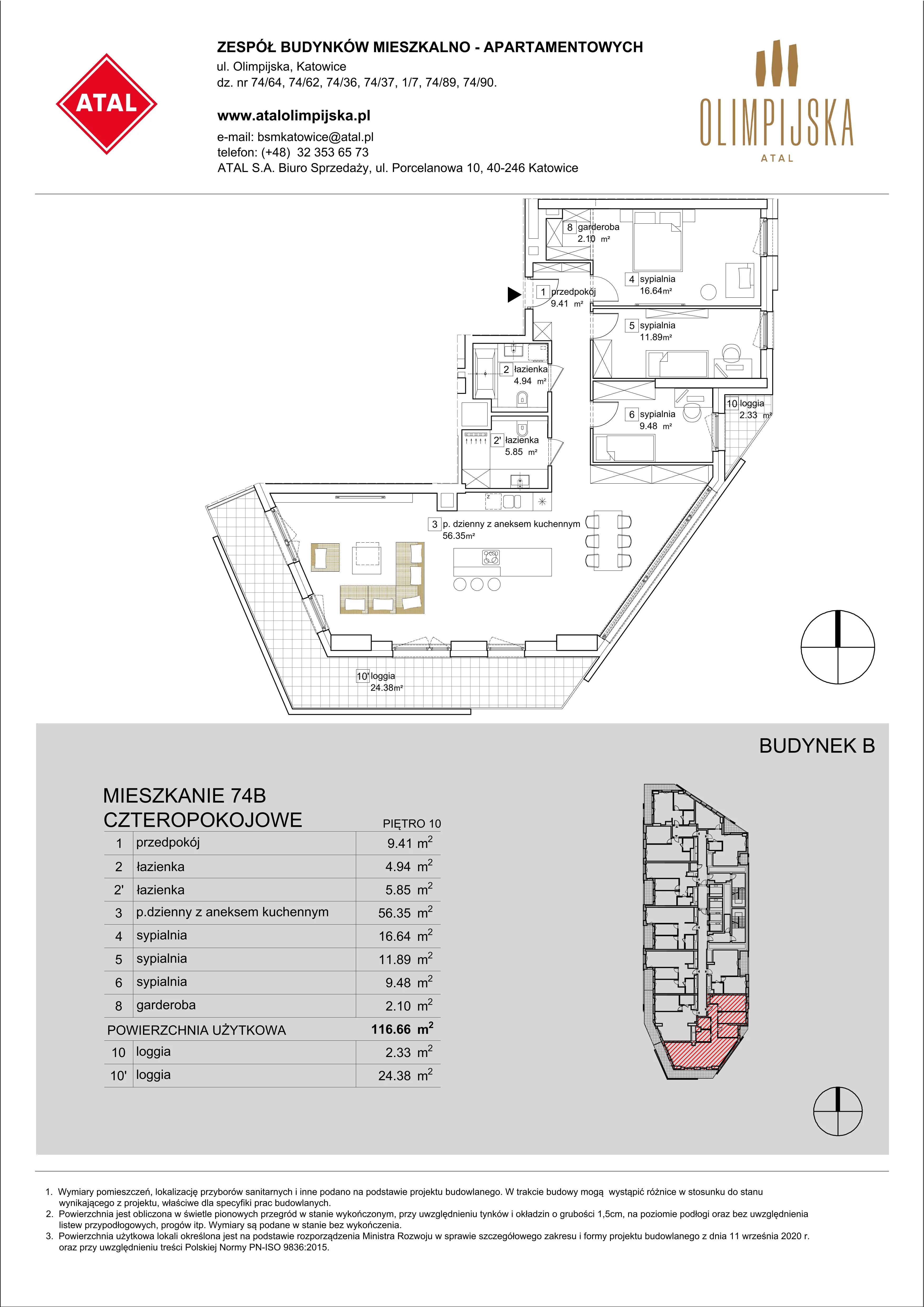 4 pokoje, apartament 116,66 m², piętro 10, oferta nr B-10-74B, ATAL Olimpijska, Katowice, Bogucice, ul. Olimpijska / al. Korfantego