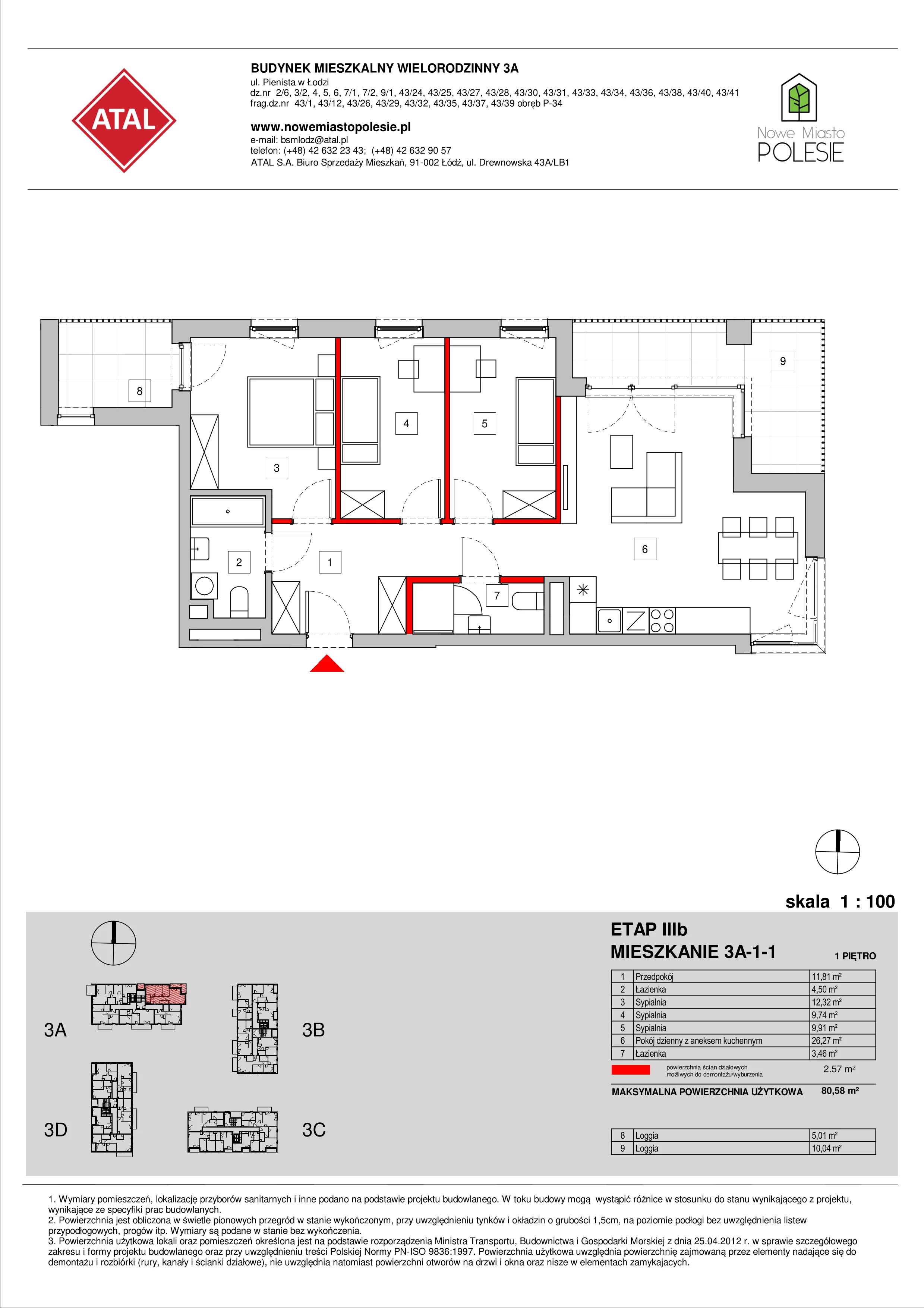 Mieszkanie 80,46 m², piętro 1, oferta nr 3A-1-1, Nowe Miasto Polesie III, Łódź, Polesie, Lublinek-Pienista, ul. Pienista