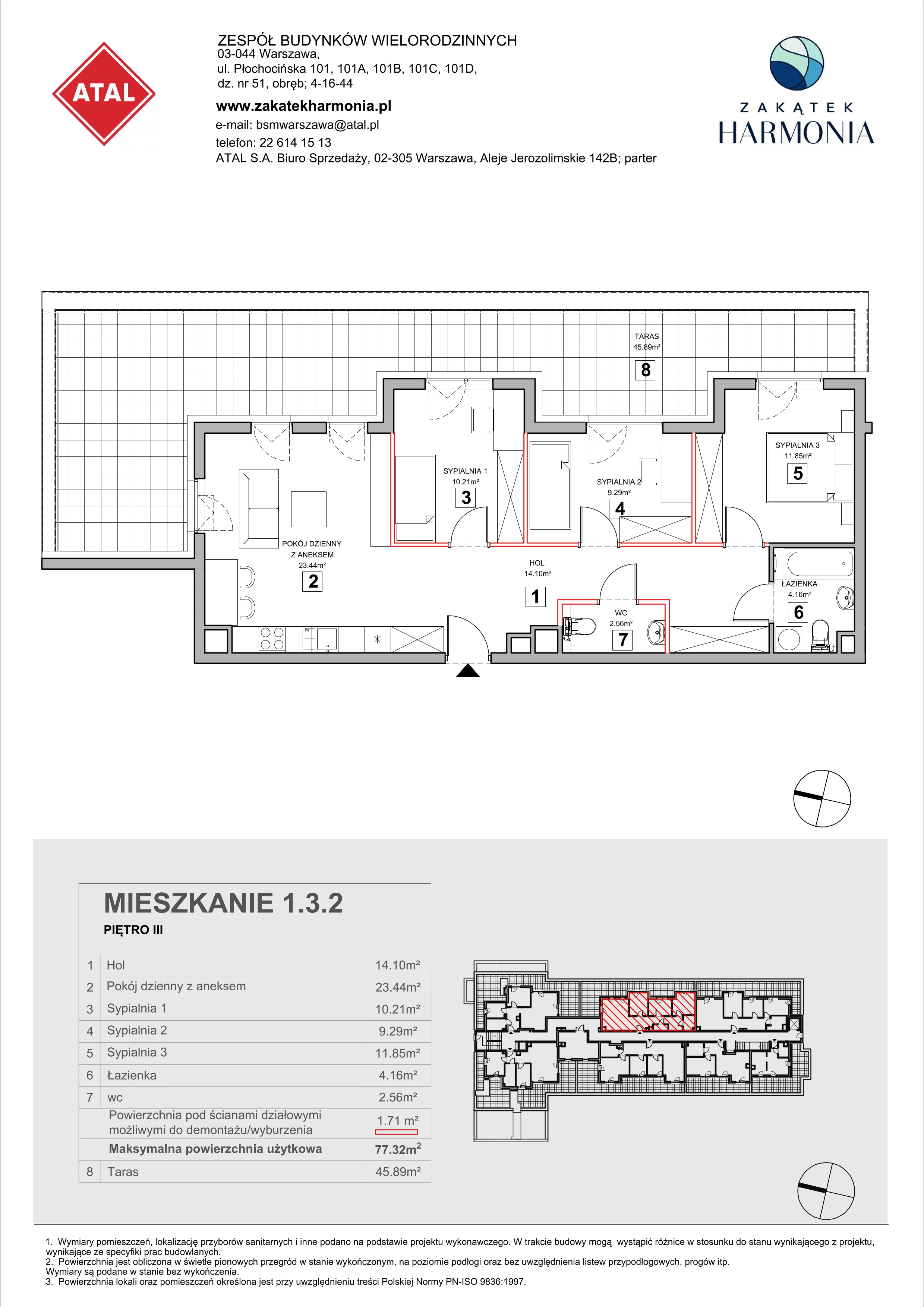 4 pokoje, mieszkanie 77,32 m², piętro 3, oferta nr 1.3.2, Zakątek Harmonia III, Warszawa, Białołęka, Szamocin, ul. Płochocińska
