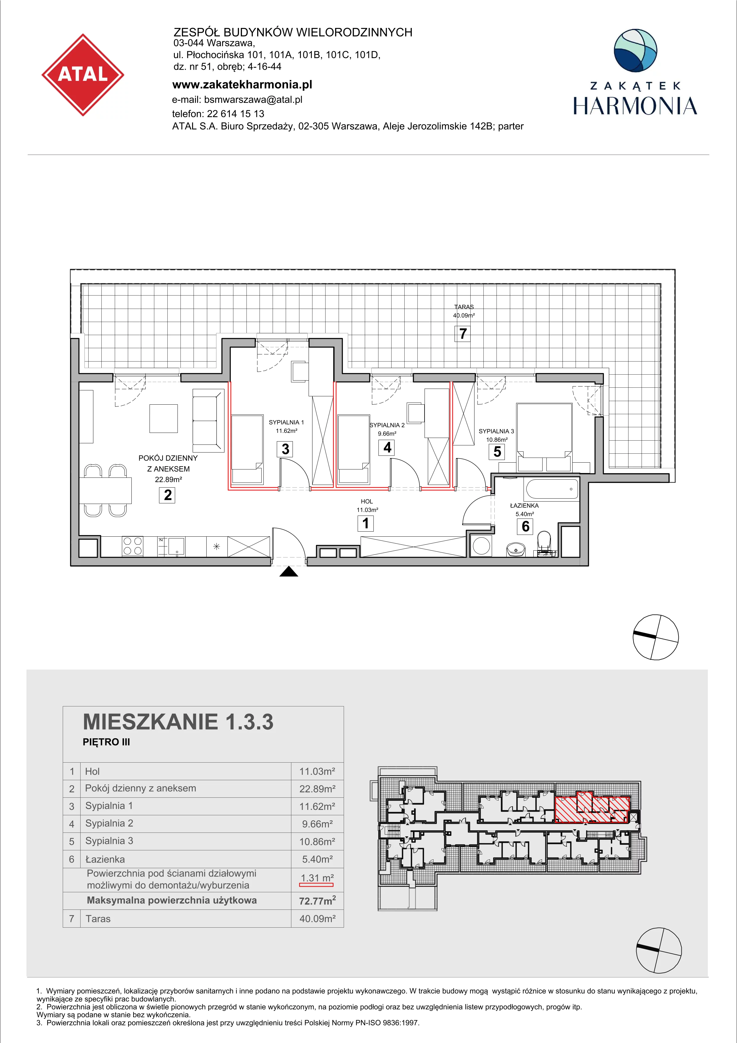 4 pokoje, mieszkanie 72,77 m², piętro 3, oferta nr 1.3.3, Zakątek Harmonia III, Warszawa, Białołęka, Szamocin, ul. Płochocińska