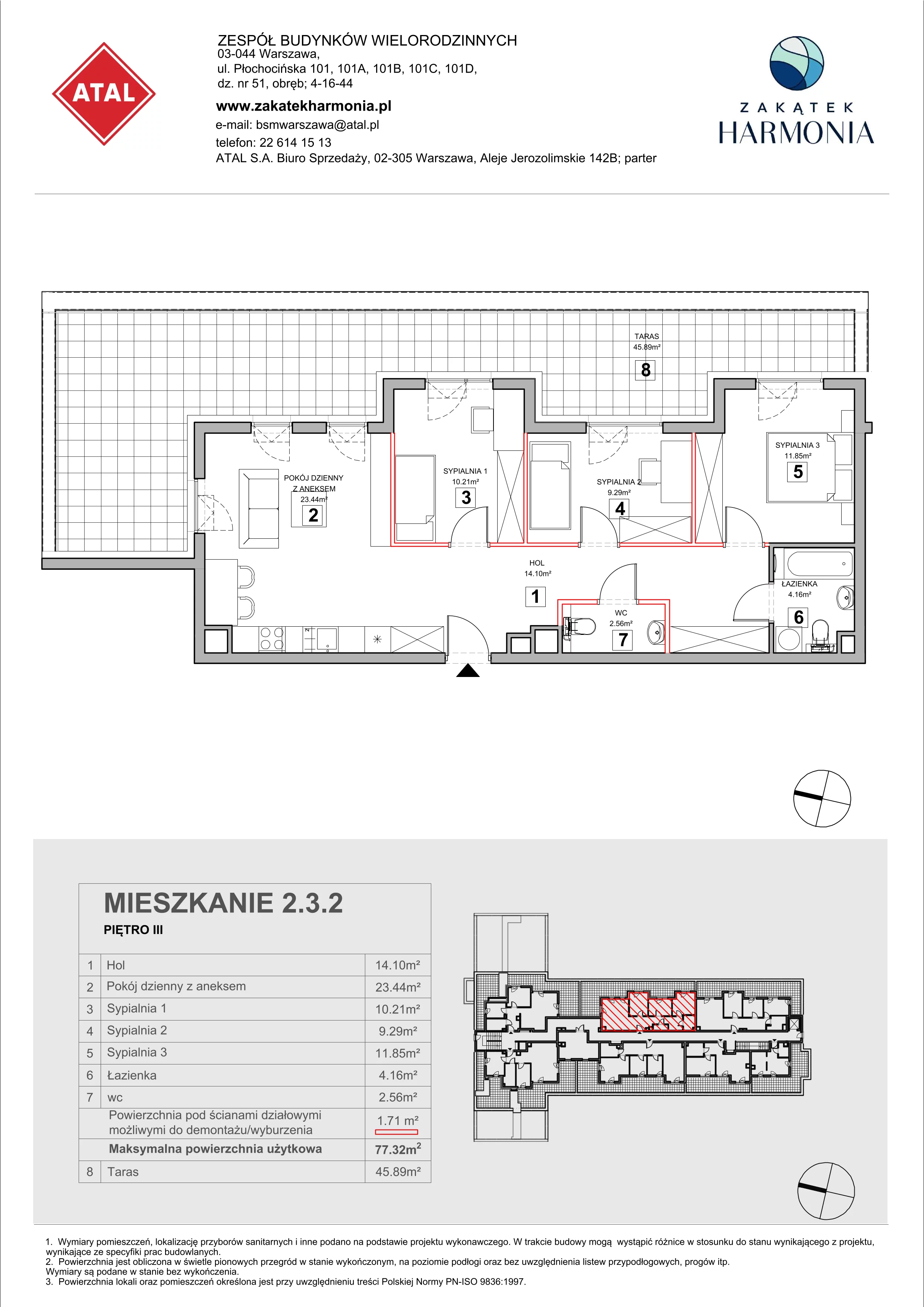 4 pokoje, mieszkanie 77,32 m², piętro 3, oferta nr 2.3.2, Zakątek Harmonia III, Warszawa, Białołęka, Szamocin, ul. Płochocińska