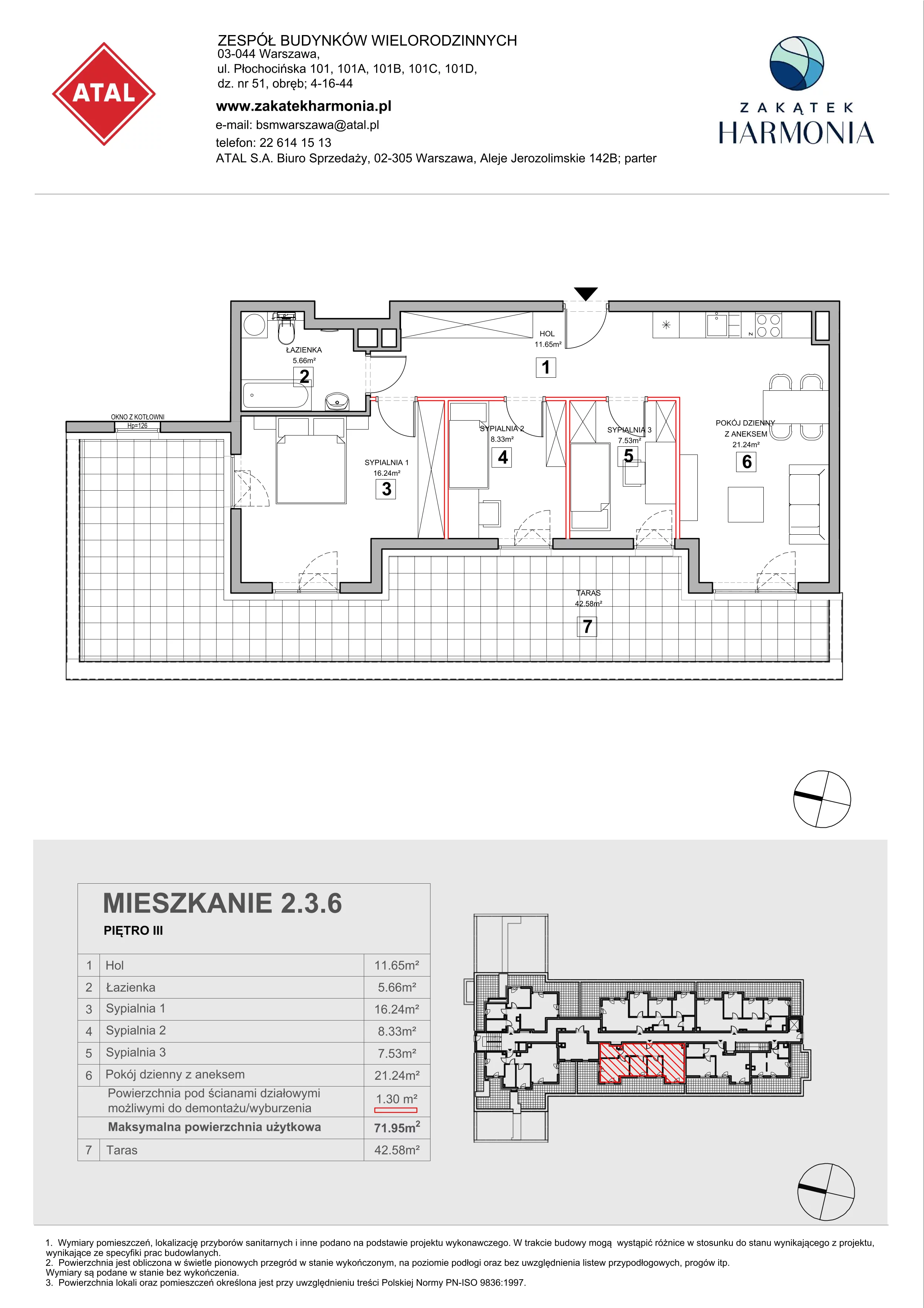 4 pokoje, mieszkanie 71,95 m², piętro 3, oferta nr 2.3.6, Zakątek Harmonia III, Warszawa, Białołęka, Szamocin, ul. Płochocińska