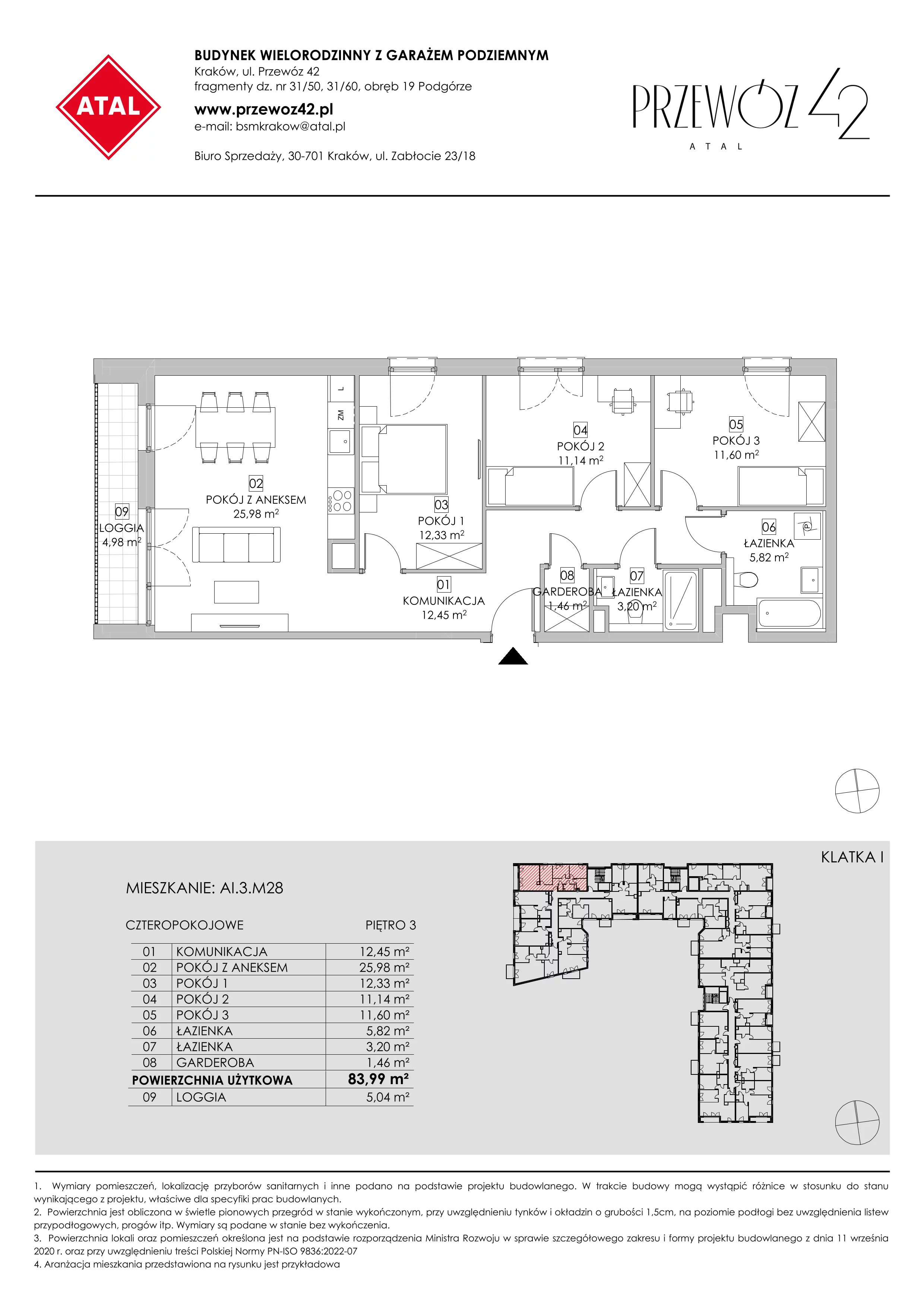 Mieszkanie 83,99 m², piętro 3, oferta nr AI.3.M28, Przewóz 42 ATAL, Kraków, Podgórze, Płaszów, ul. Przewóz 42