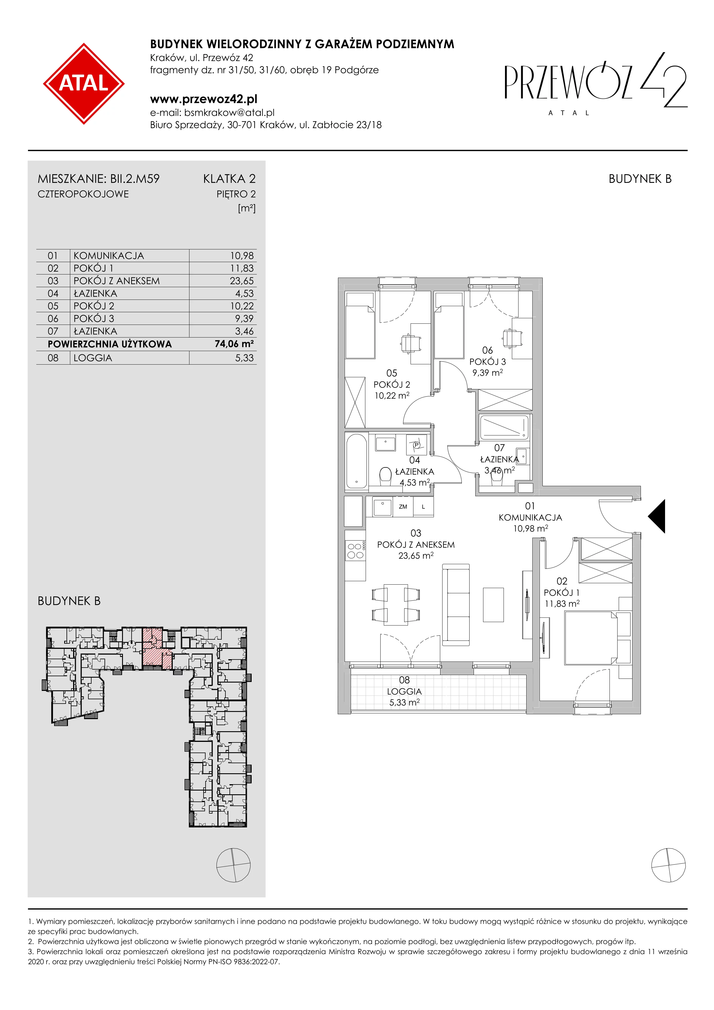 Mieszkanie 74,06 m², piętro 2, oferta nr BII.2.M59, Przewóz 42 ATAL II, Kraków, Podgórze, Płaszów, ul. Przewóz 42