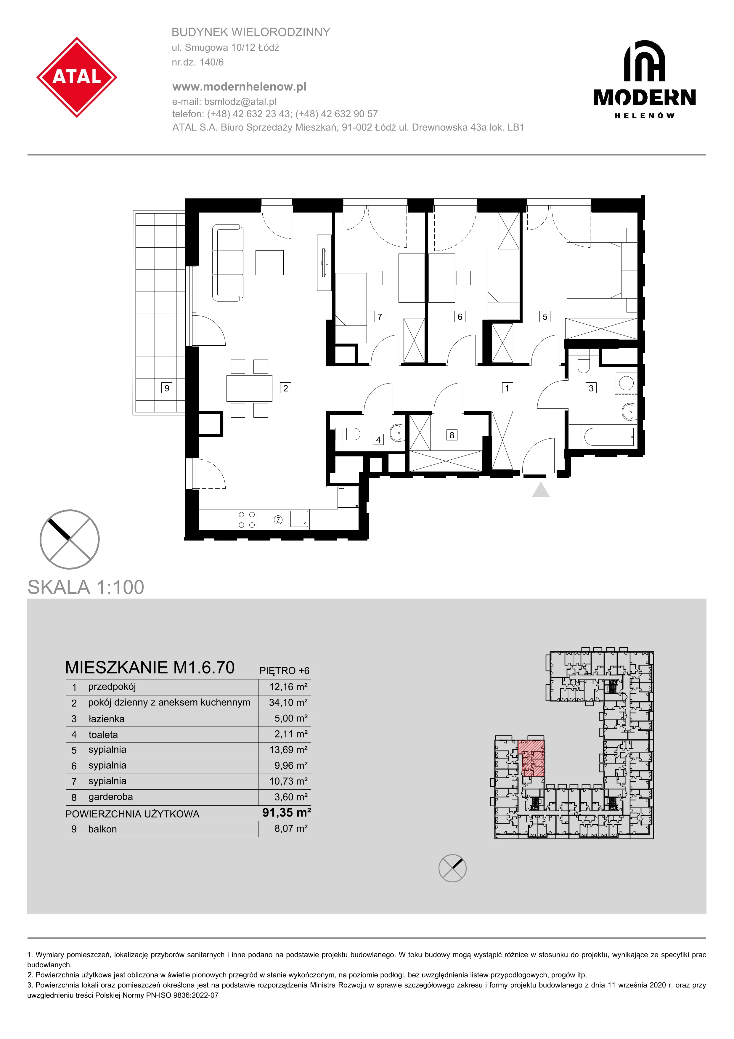 Mieszkanie 91,35 m², piętro 6, oferta nr M1.6.70, Modern Helenów, Łódź, Bałuty, Helenów, ul. Smugowa 10/12