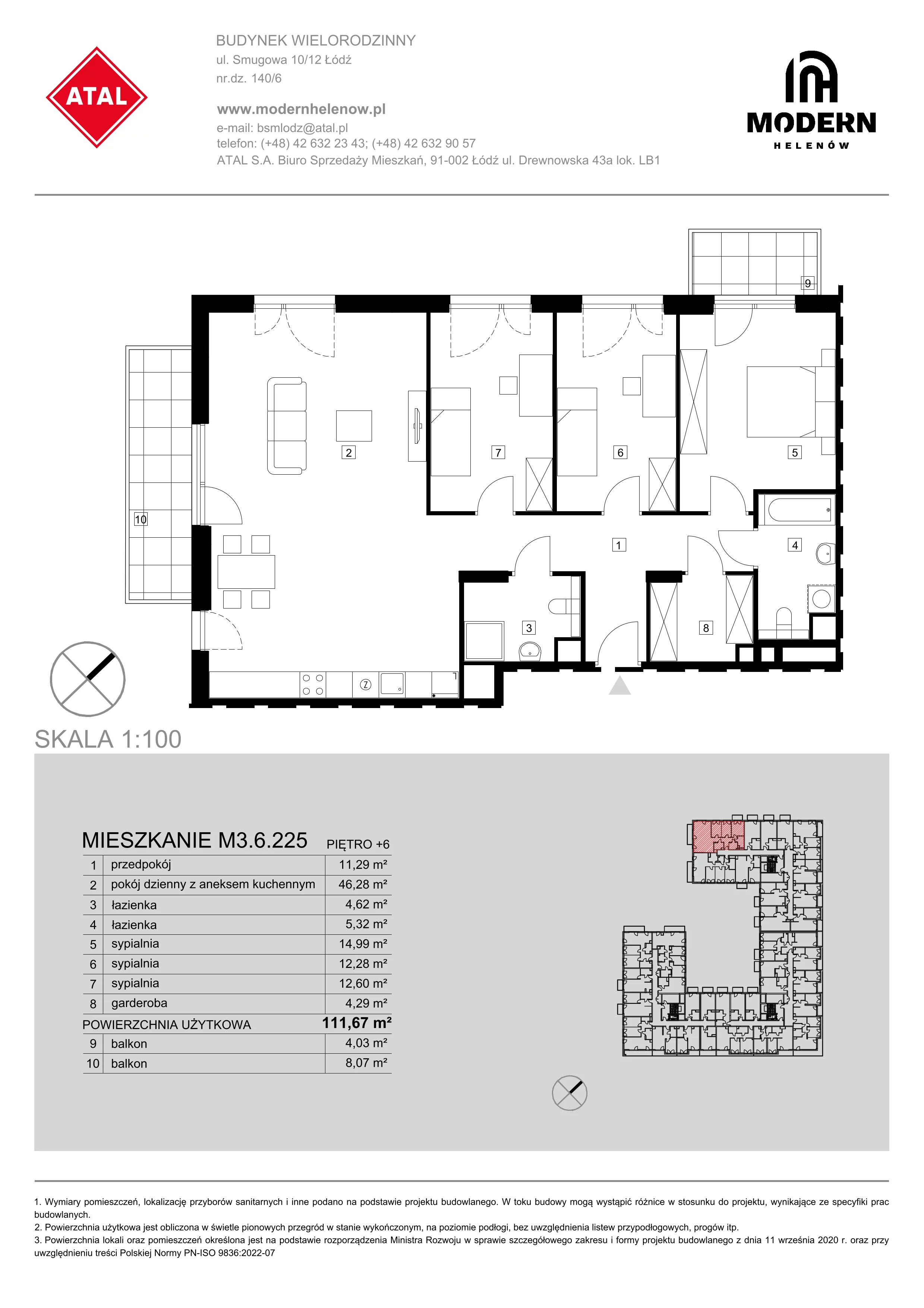 Mieszkanie 111,70 m², piętro 6, oferta nr M3.6.225, Modern Helenów, Łódź, Bałuty, Helenów, ul. Smugowa 10/12