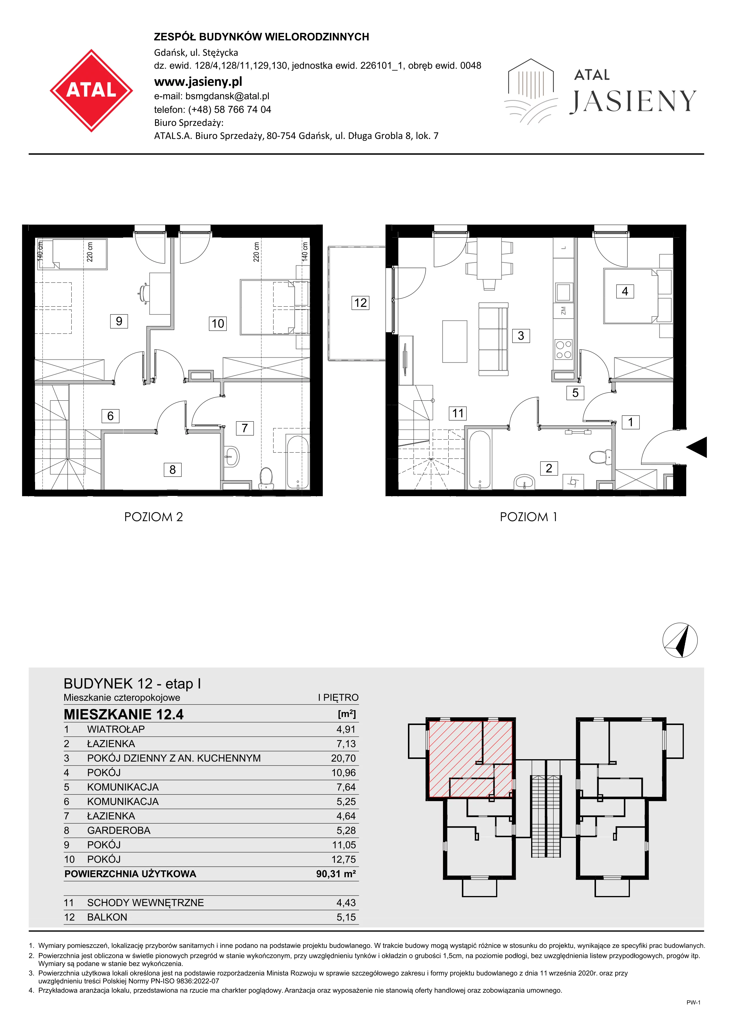4 pokoje, mieszkanie 90,31 m², piętro 1, oferta nr 12.4, ATAL Jasieny, Gdańsk, Jasień, ul. Stężycka