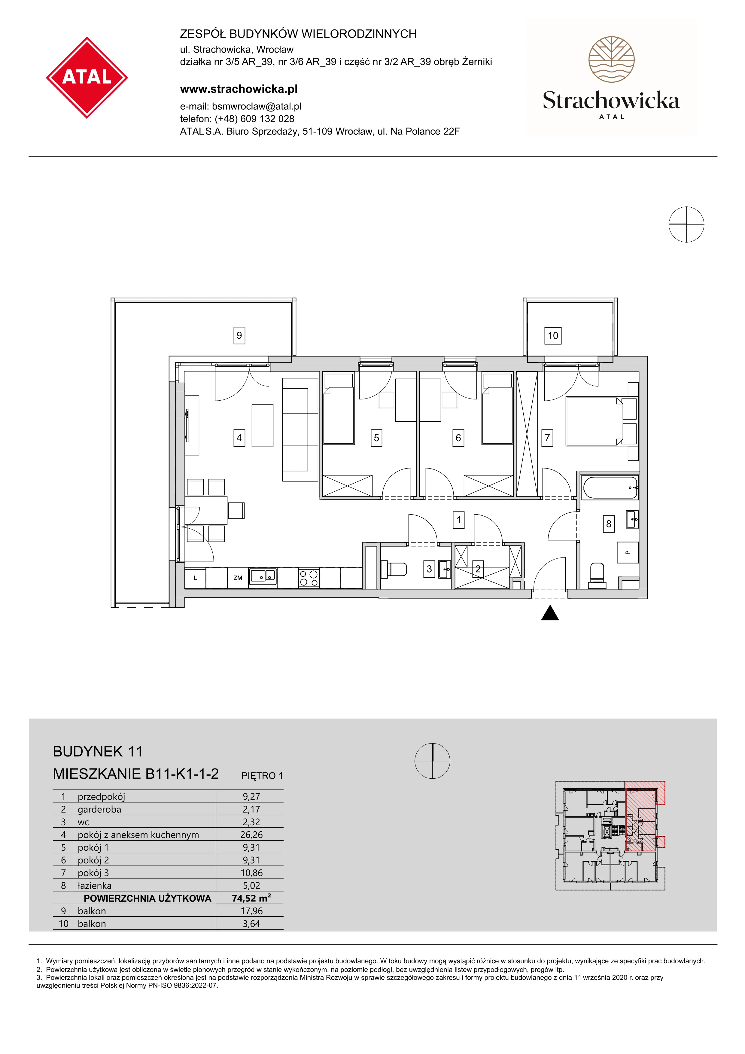 Mieszkanie 74,52 m², piętro 1, oferta nr B11-K1-1-2, ATAL Strachowicka, Wrocław, Żerniki, Fabryczna, ul. Strachowicka-idx