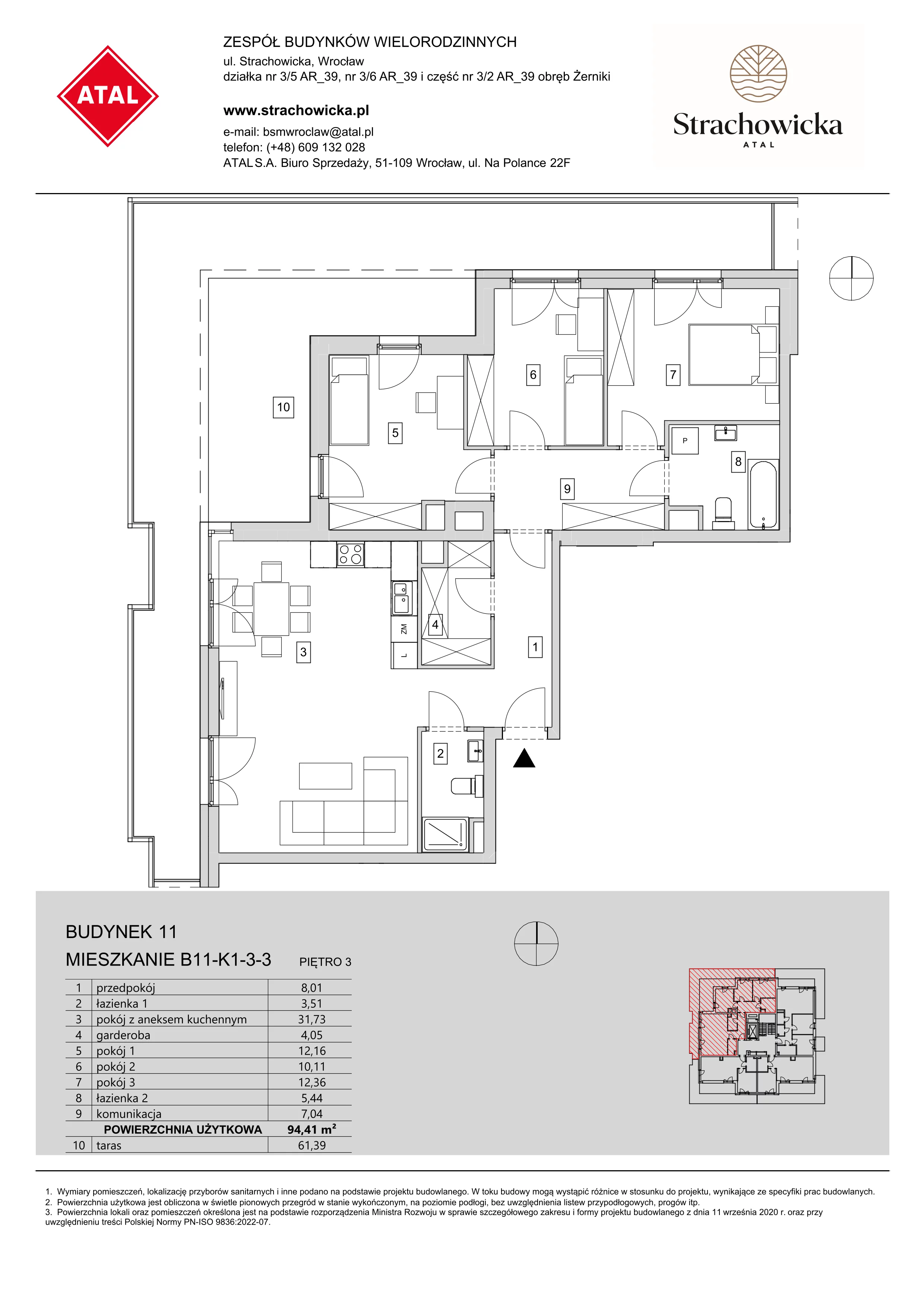 Mieszkanie 94,41 m², piętro 3, oferta nr B11-K1-3-3, ATAL Strachowicka, Wrocław, Żerniki, Fabryczna, ul. Strachowicka