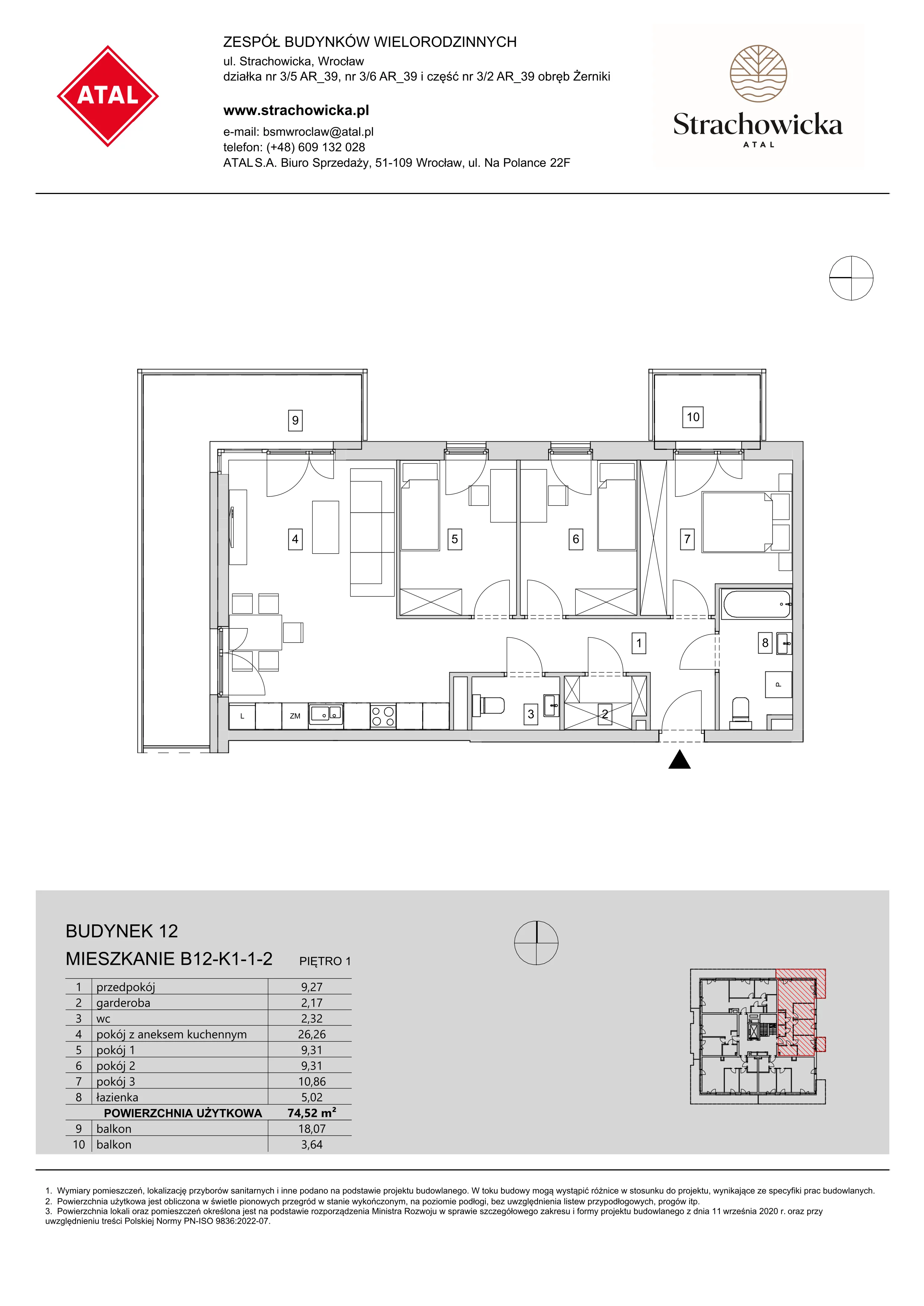 Mieszkanie 74,52 m², piętro 1, oferta nr B12-K1-1-2, ATAL Strachowicka, Wrocław, Żerniki, Fabryczna, ul. Strachowicka