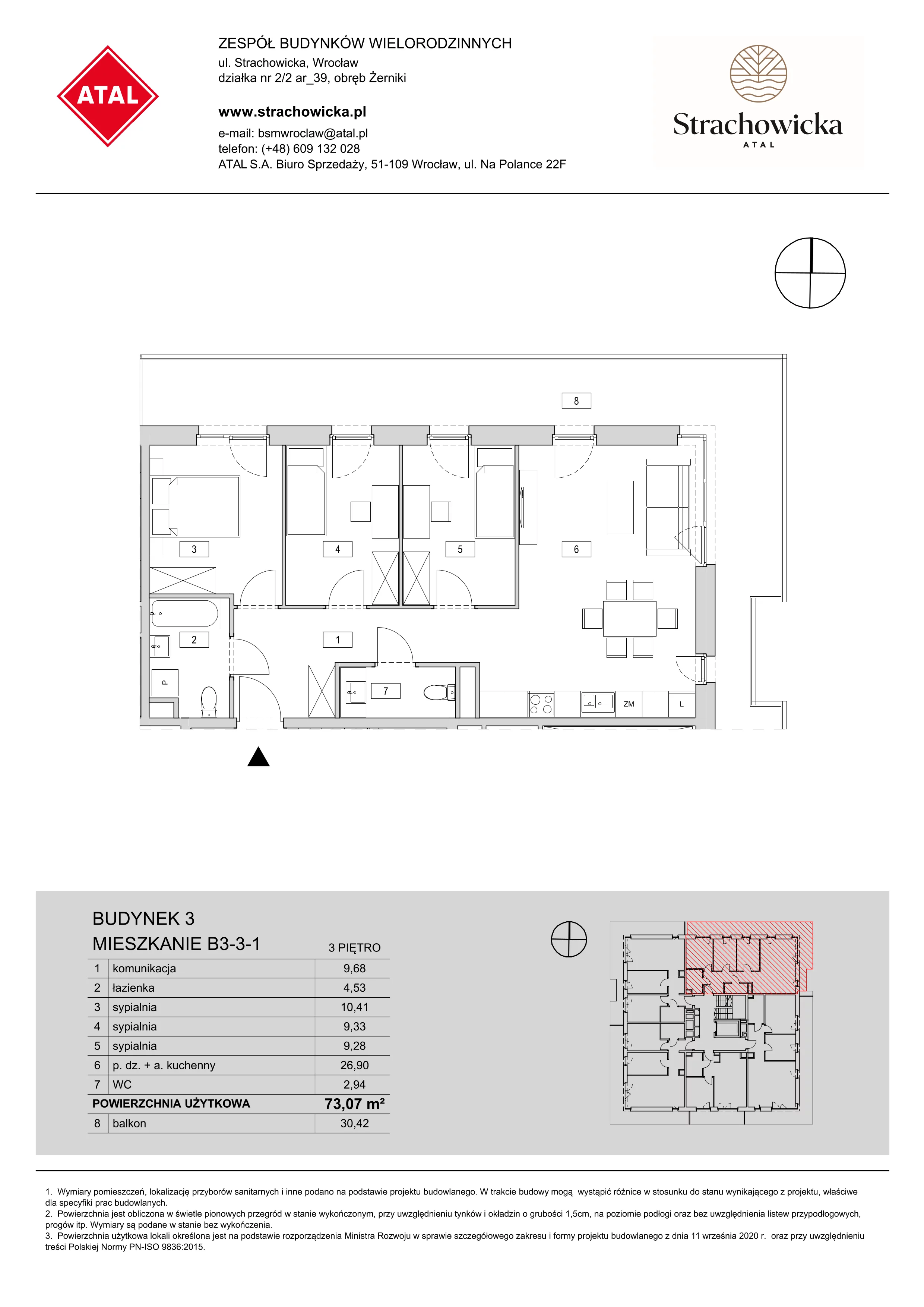 Mieszkanie 73,07 m², piętro 3, oferta nr B3-3-1, ATAL Strachowicka, Wrocław, Żerniki, Fabryczna, ul. Strachowicka