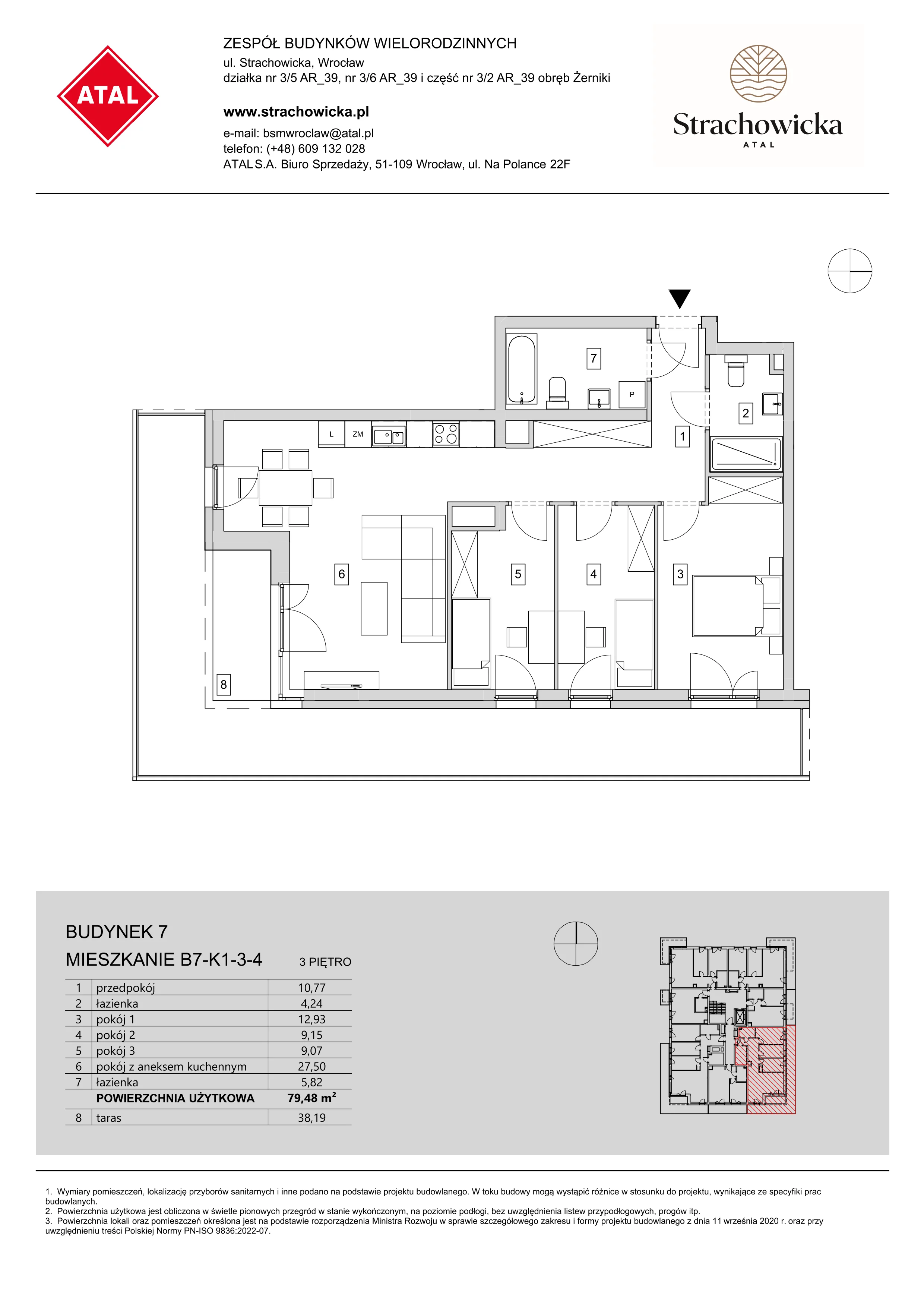 Mieszkanie 79,48 m², piętro 3, oferta nr B7-K1-3-4, ATAL Strachowicka, Wrocław, Żerniki, Fabryczna, ul. Strachowicka