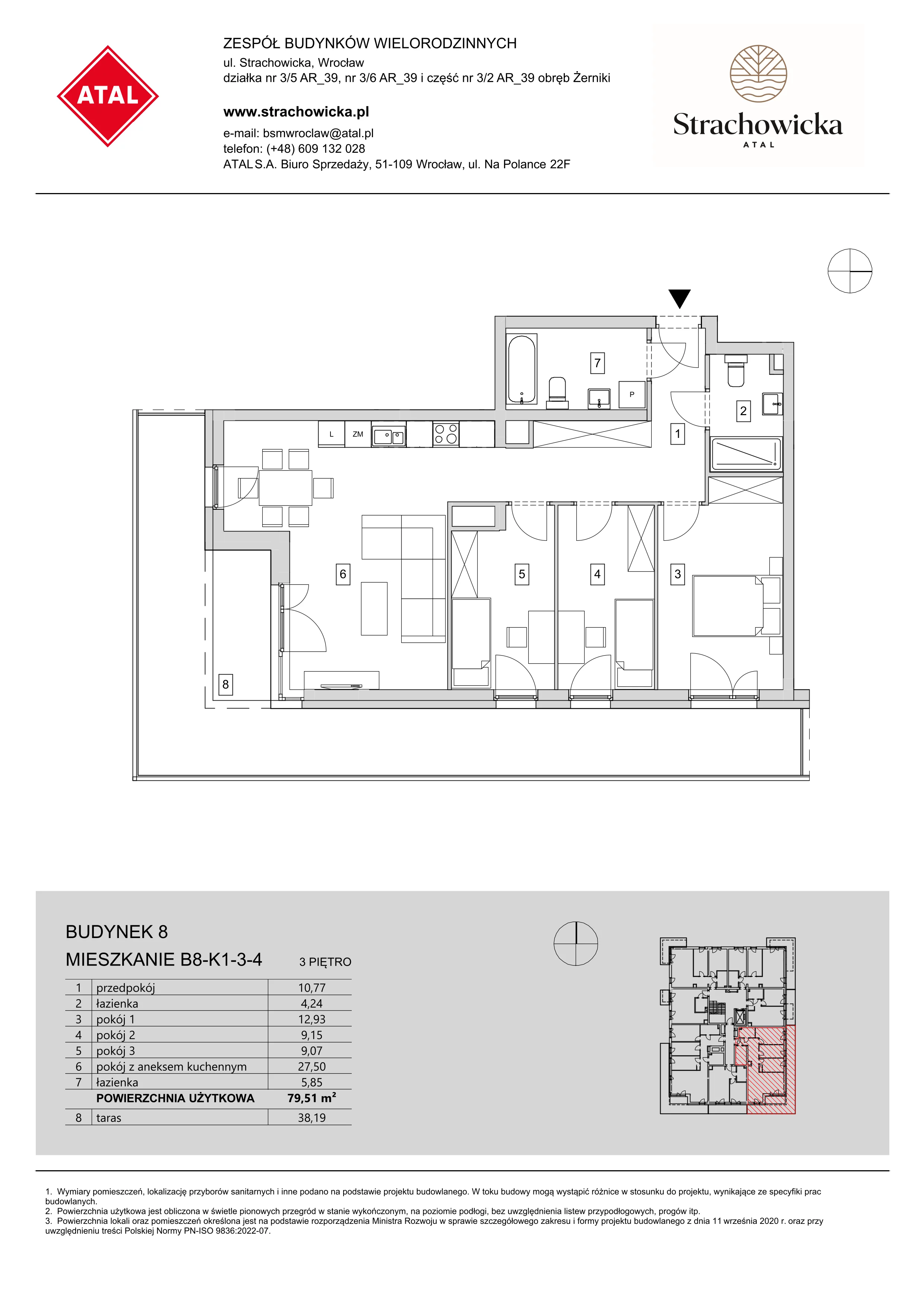 Mieszkanie 79,51 m², piętro 3, oferta nr B8-K1-3-4, ATAL Strachowicka, Wrocław, Żerniki, Fabryczna, ul. Strachowicka