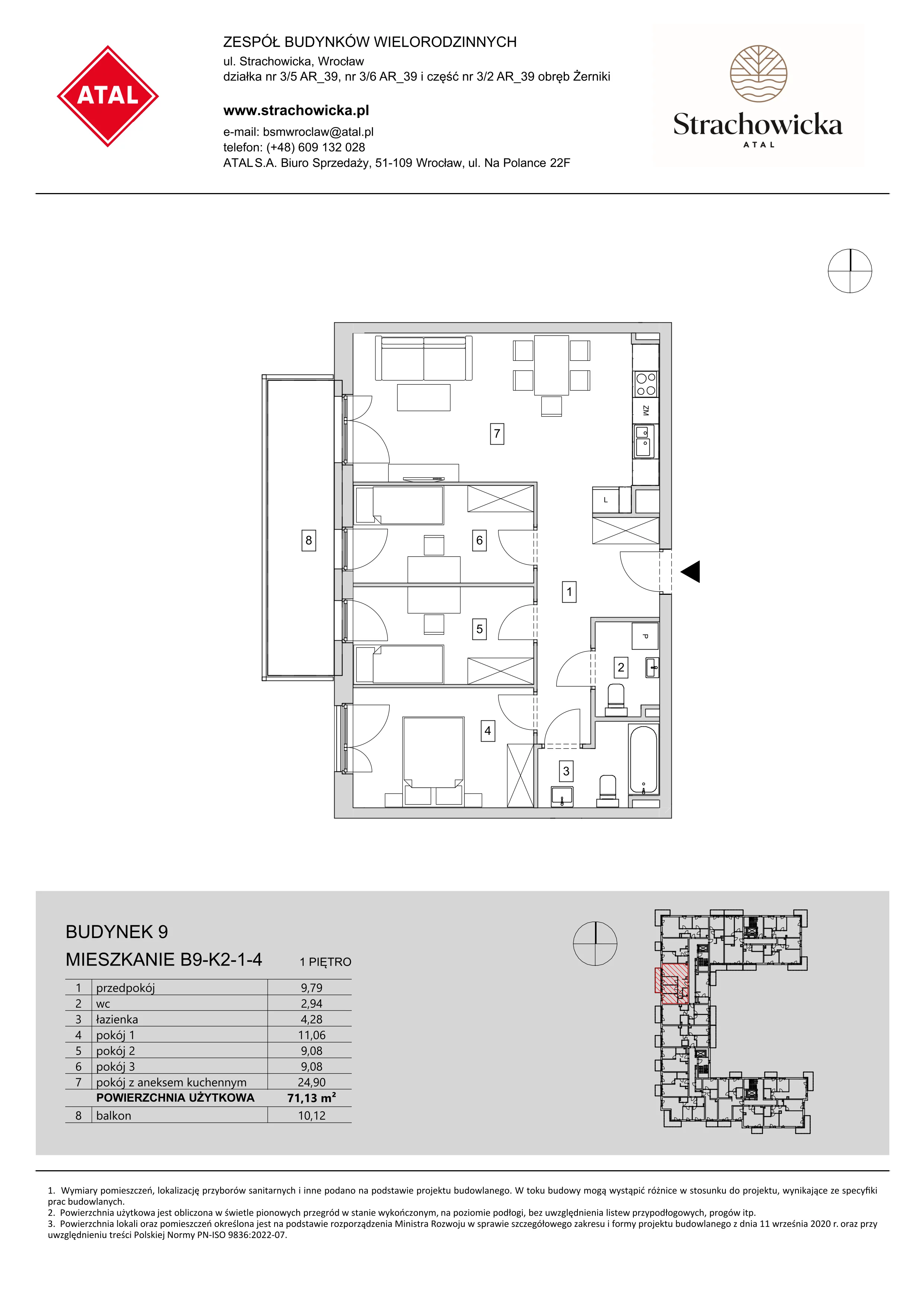 Mieszkanie 71,13 m², piętro 1, oferta nr B9-K2-1-4, ATAL Strachowicka, Wrocław, Żerniki, Fabryczna, ul. Strachowicka