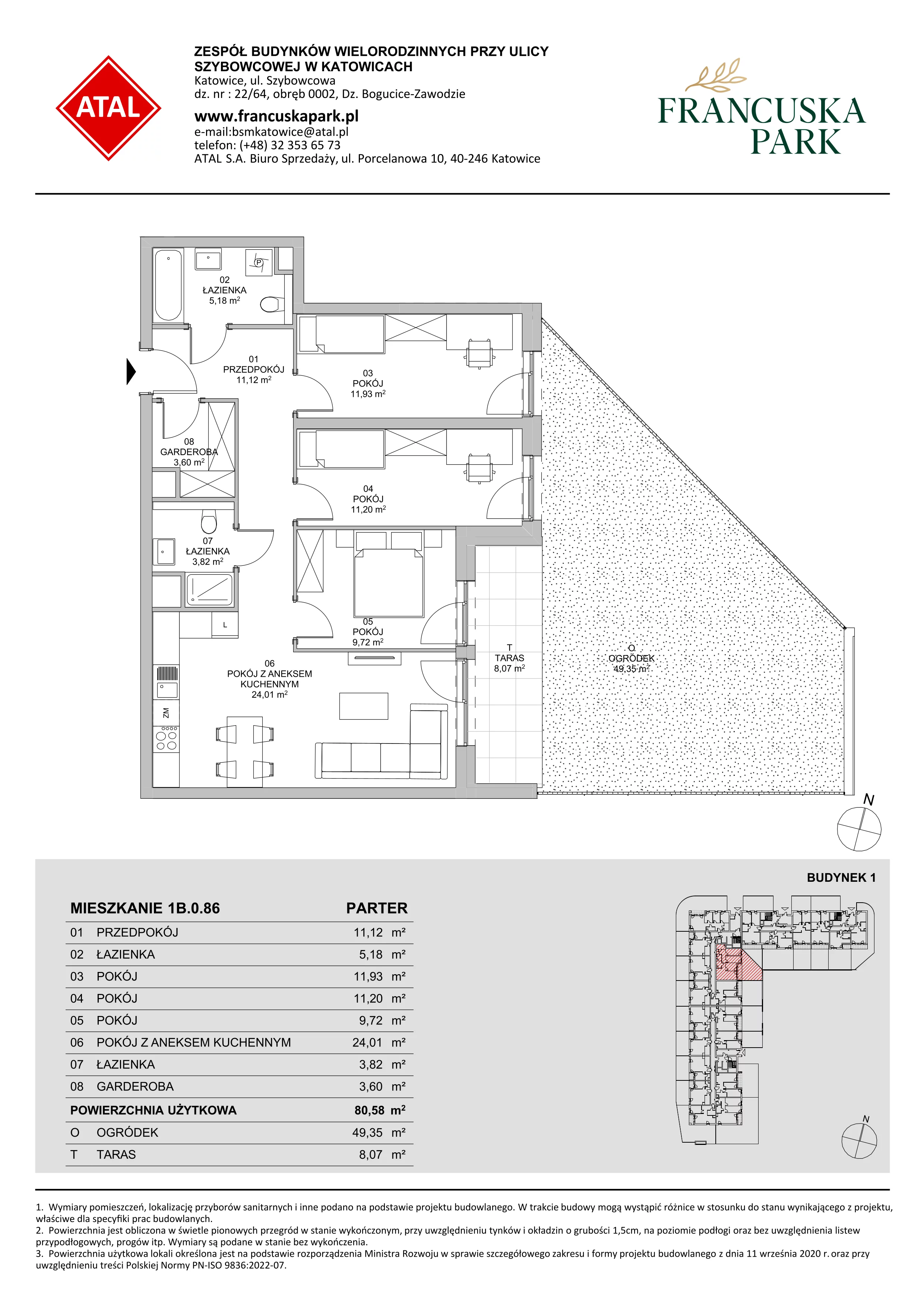 4 pokoje, mieszkanie 80,58 m², parter, oferta nr 1B.0.86, Francuska Park VIIIB, Katowice, Osiedle Paderewskiego-Muchowiec, Muchowiec, ul. Szybowcowa