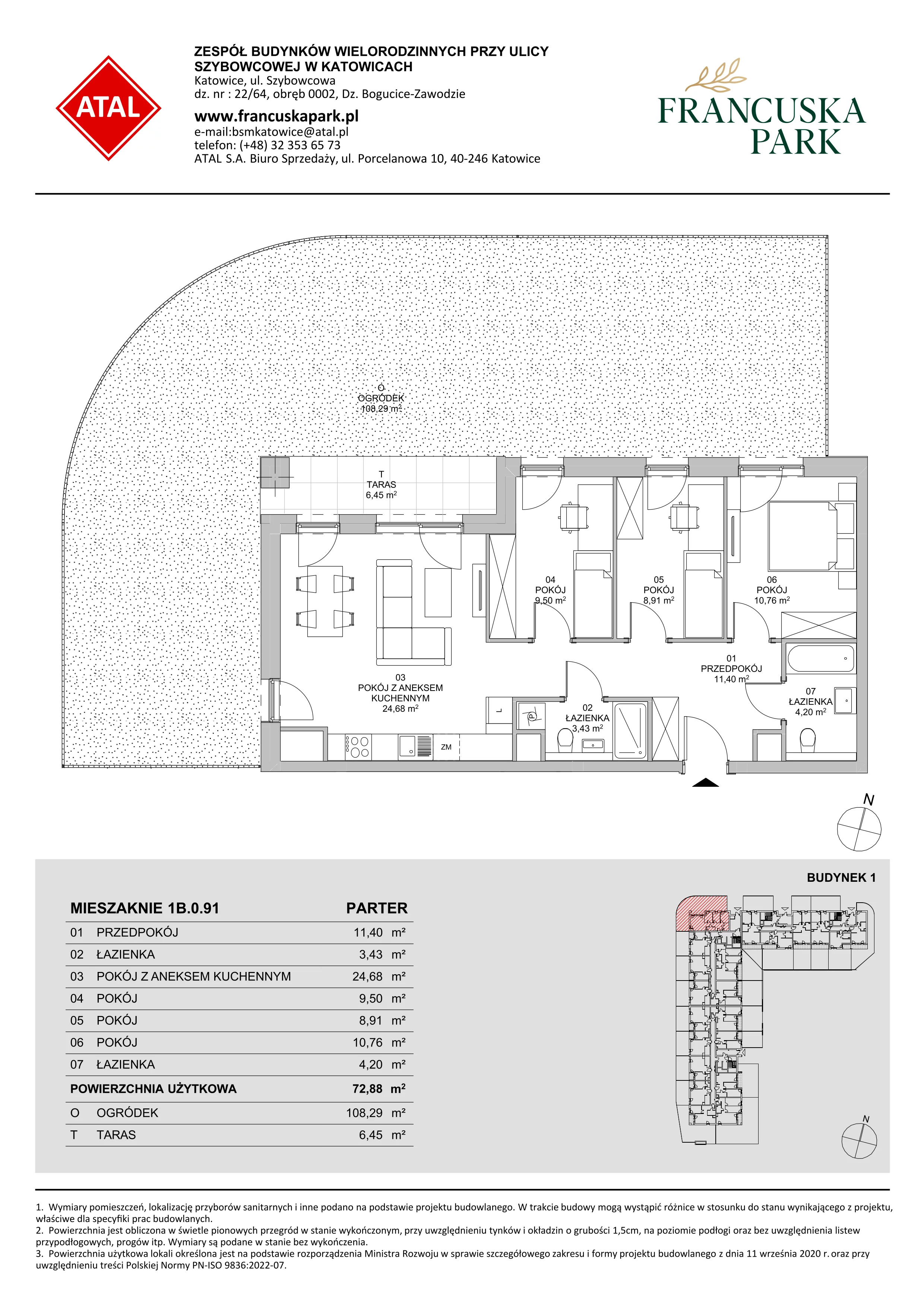4 pokoje, mieszkanie 72,88 m², parter, oferta nr 1B.0.91, Francuska Park VIIIB, Katowice, Osiedle Paderewskiego-Muchowiec, Muchowiec, ul. Szybowcowa