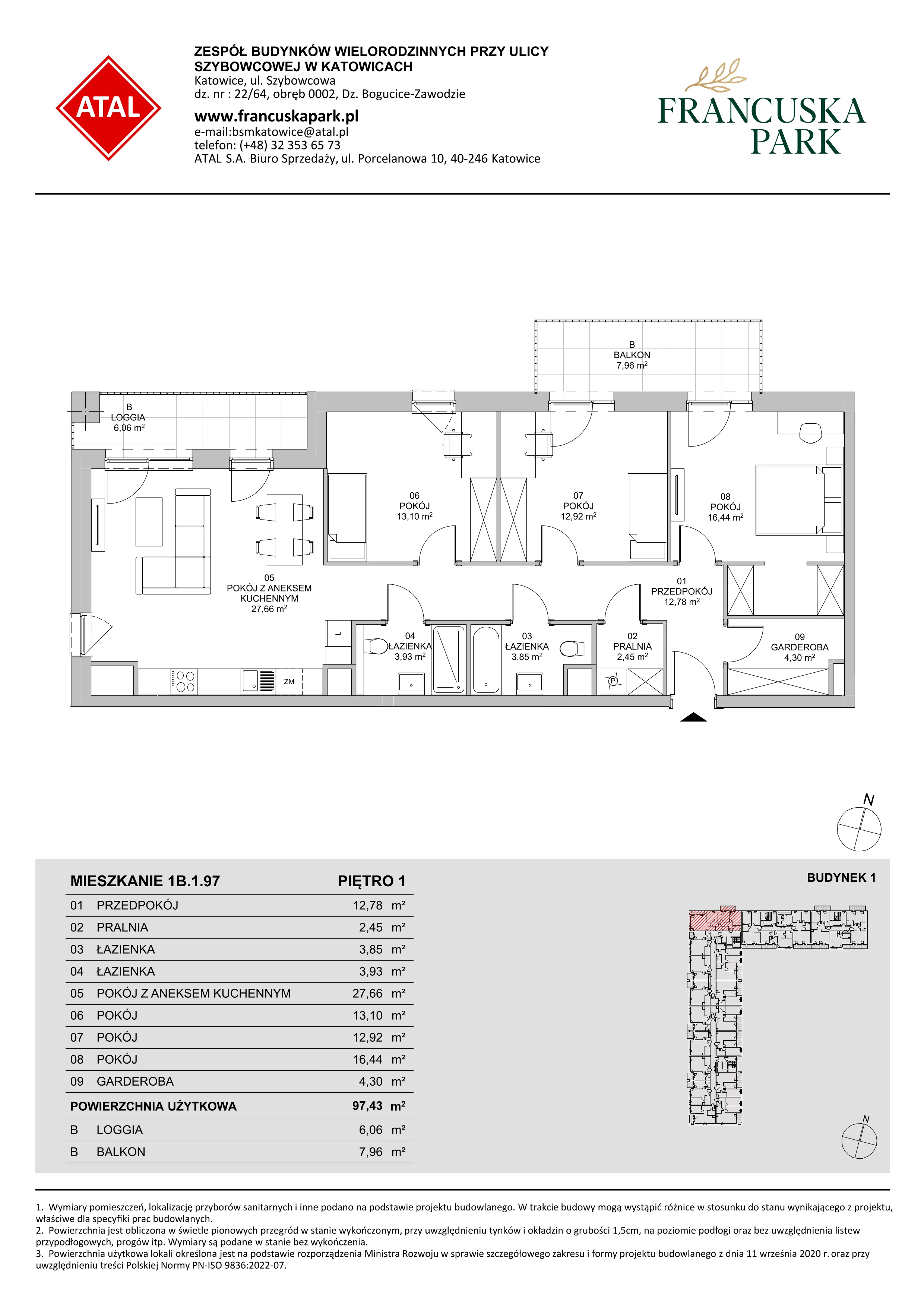 4 pokoje, mieszkanie 97,43 m², piętro 1, oferta nr 1B.1.97, Francuska Park VIIIB, Katowice, Osiedle Paderewskiego-Muchowiec, Muchowiec, ul. Szybowcowa