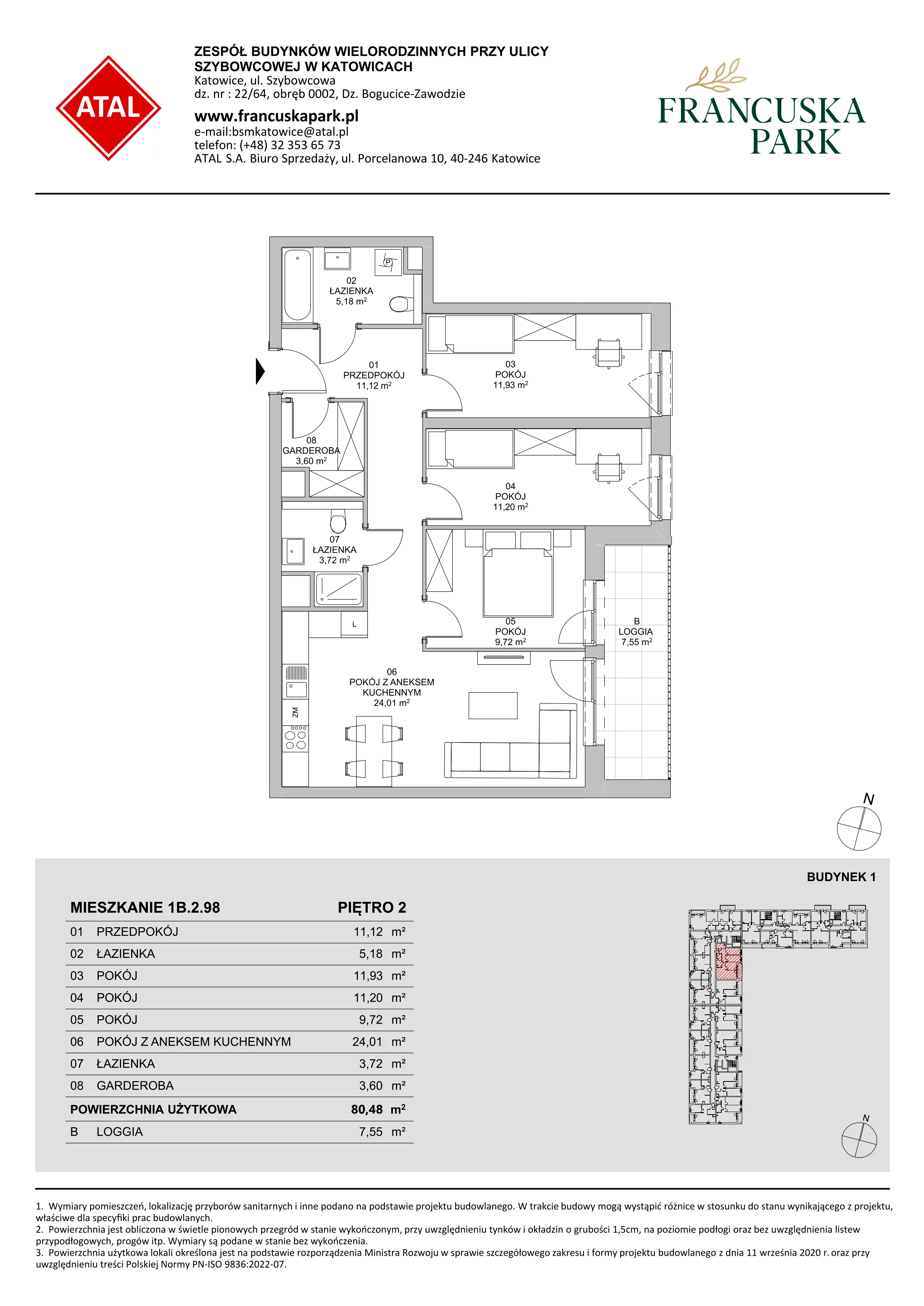 4 pokoje, mieszkanie 80,48 m², piętro 2, oferta nr 1B.2.98, Francuska Park VIIIB, Katowice, Osiedle Paderewskiego-Muchowiec, Muchowiec, ul. Szybowcowa
