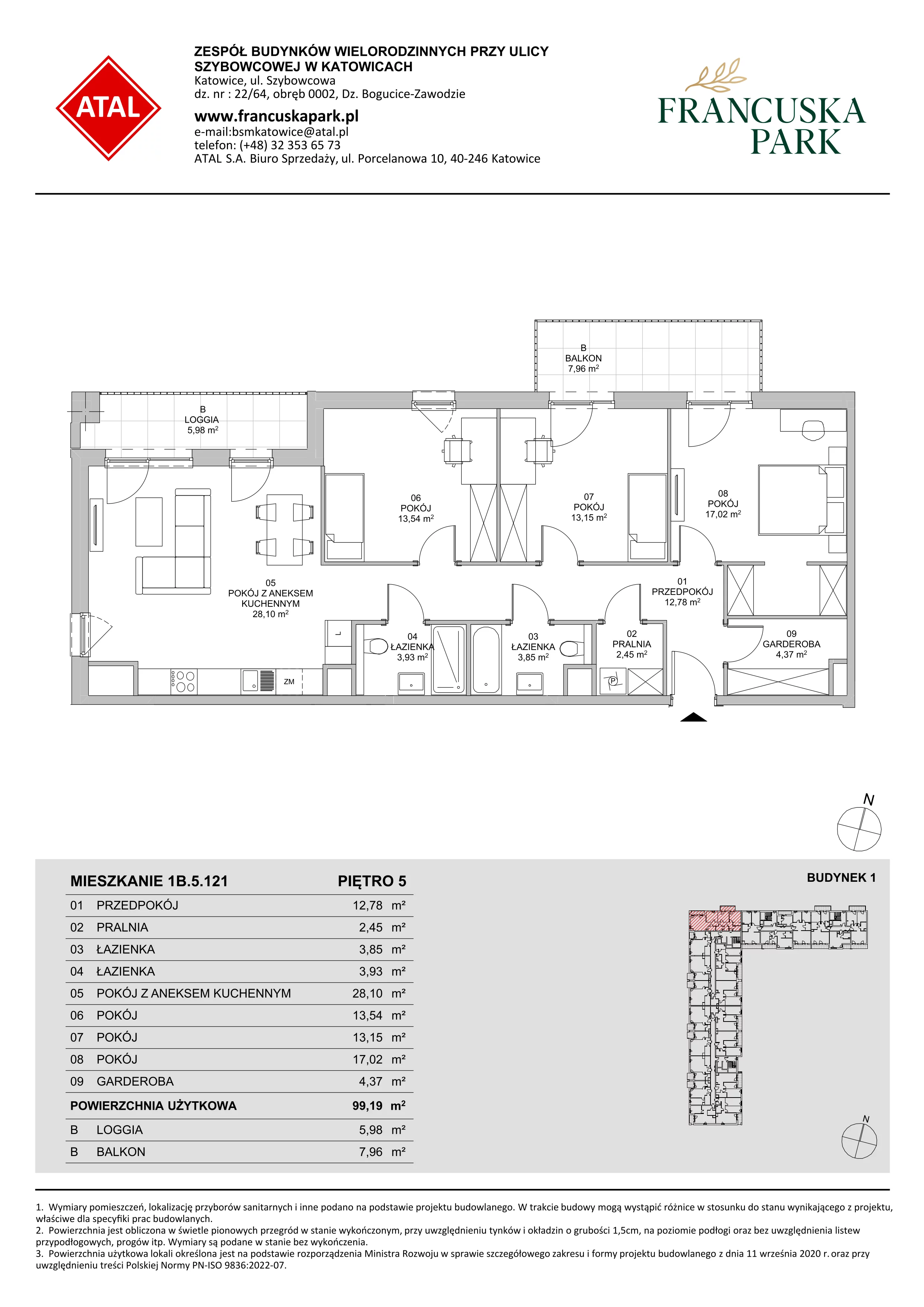 4 pokoje, mieszkanie 99,19 m², piętro 5, oferta nr 1B.5.121, Francuska Park VIIIB, Katowice, Osiedle Paderewskiego-Muchowiec, Muchowiec, ul. Szybowcowa