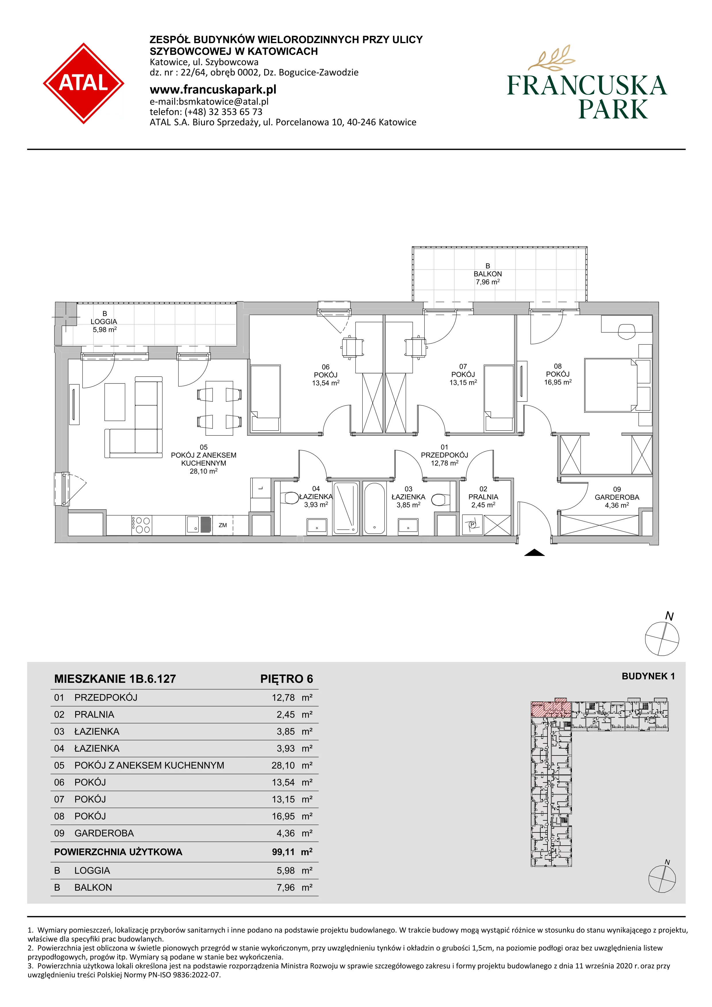 4 pokoje, mieszkanie 99,11 m², piętro 6, oferta nr 1B.6.127, Francuska Park VIIIB, Katowice, Osiedle Paderewskiego-Muchowiec, Muchowiec, ul. Szybowcowa