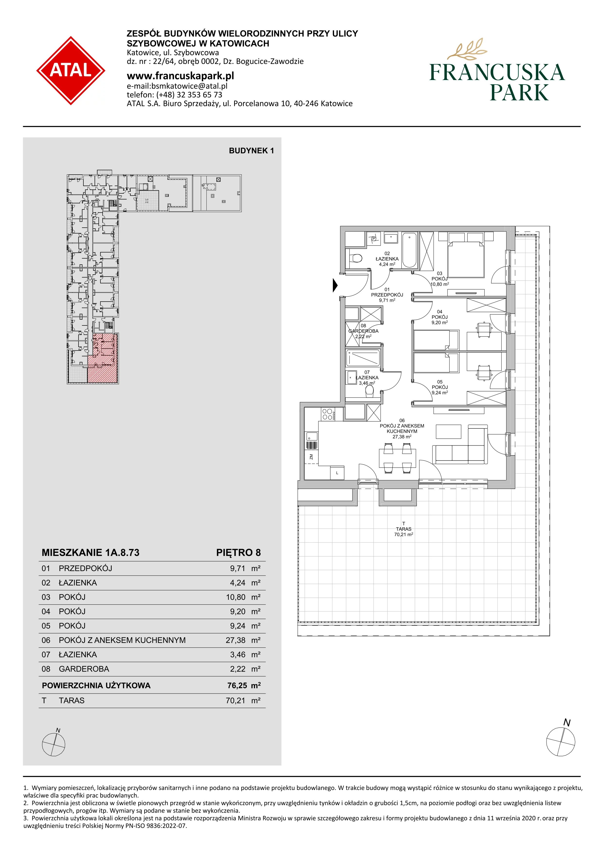 4 pokoje, mieszkanie 76,25 m², piętro 8, oferta nr 1A.8.73, Francuska Park VIIIB, Katowice, Osiedle Paderewskiego-Muchowiec, Muchowiec, ul. Szybowcowa