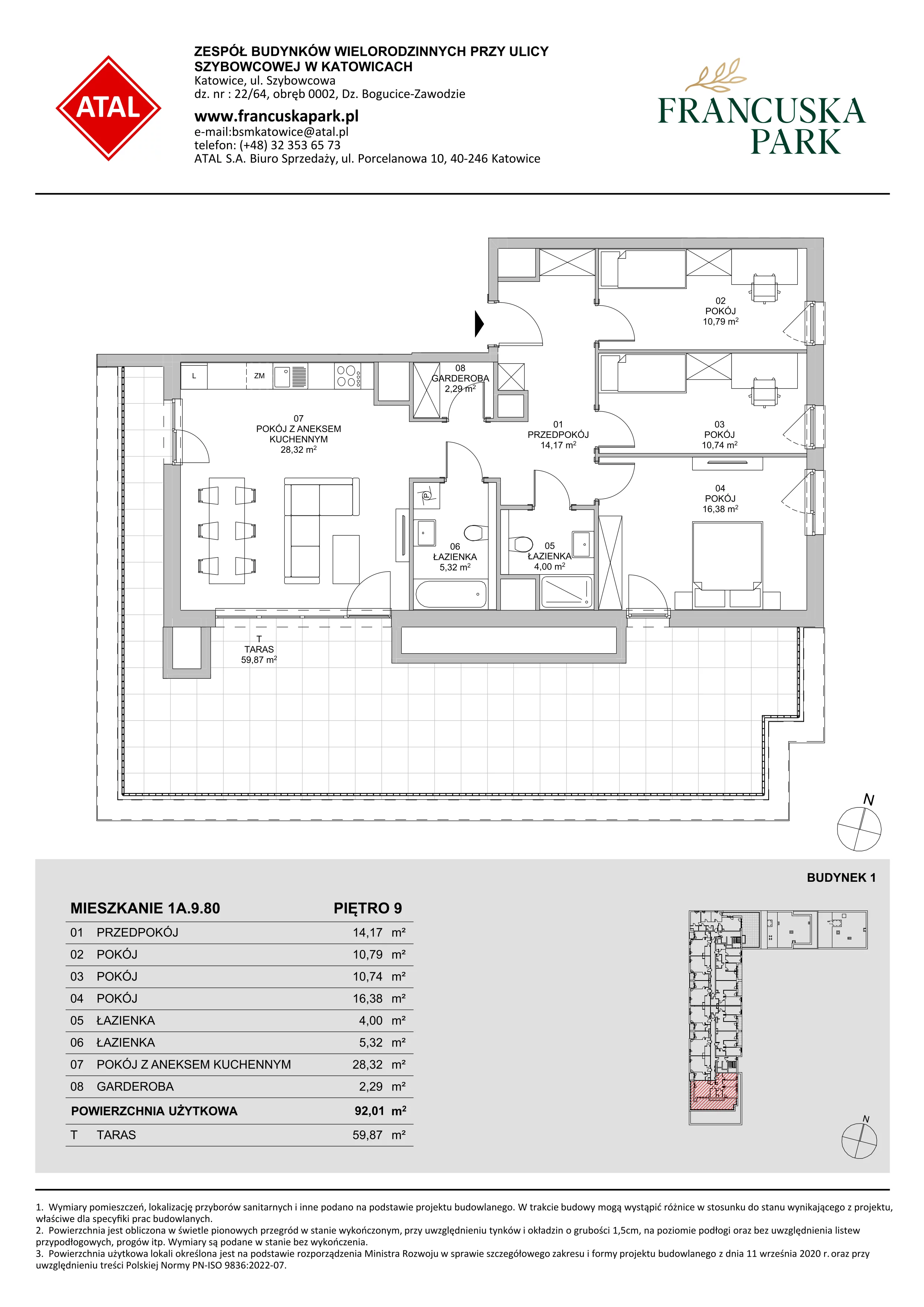4 pokoje, mieszkanie 92,01 m², piętro 9, oferta nr 1A.9.80, Francuska Park VIIIB, Katowice, Osiedle Paderewskiego-Muchowiec, Muchowiec, ul. Szybowcowa