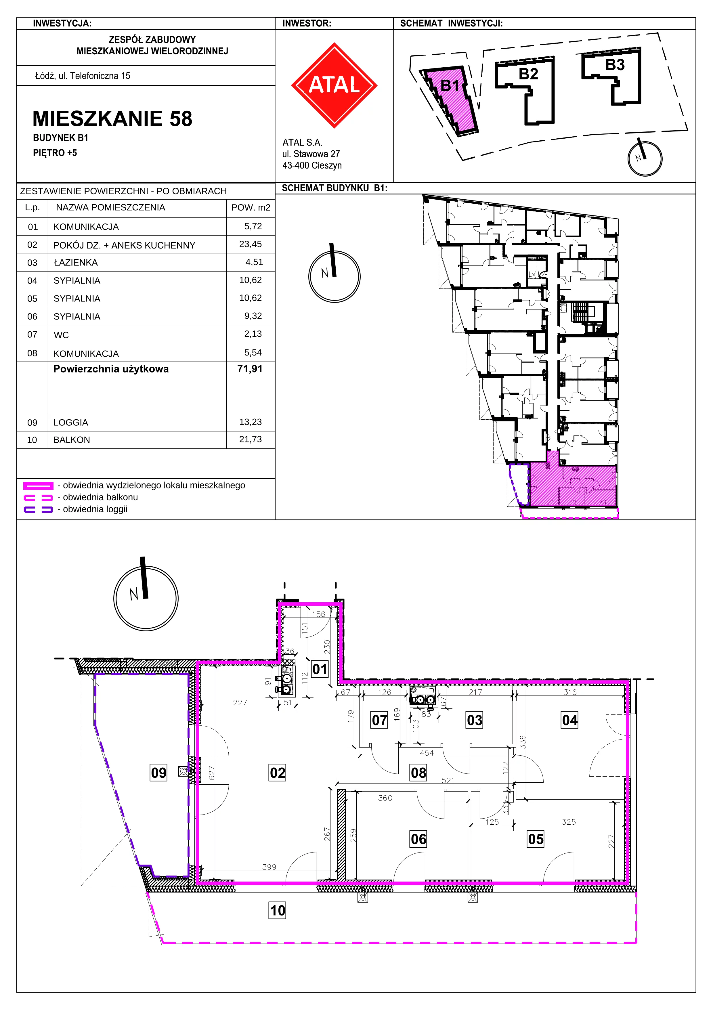 4 pokoje, mieszkanie 71,91 m², piętro 5, oferta nr 1-5-58, ATAL Aura II, Łódź, Bałuty, ul. Telefoniczna 15/17