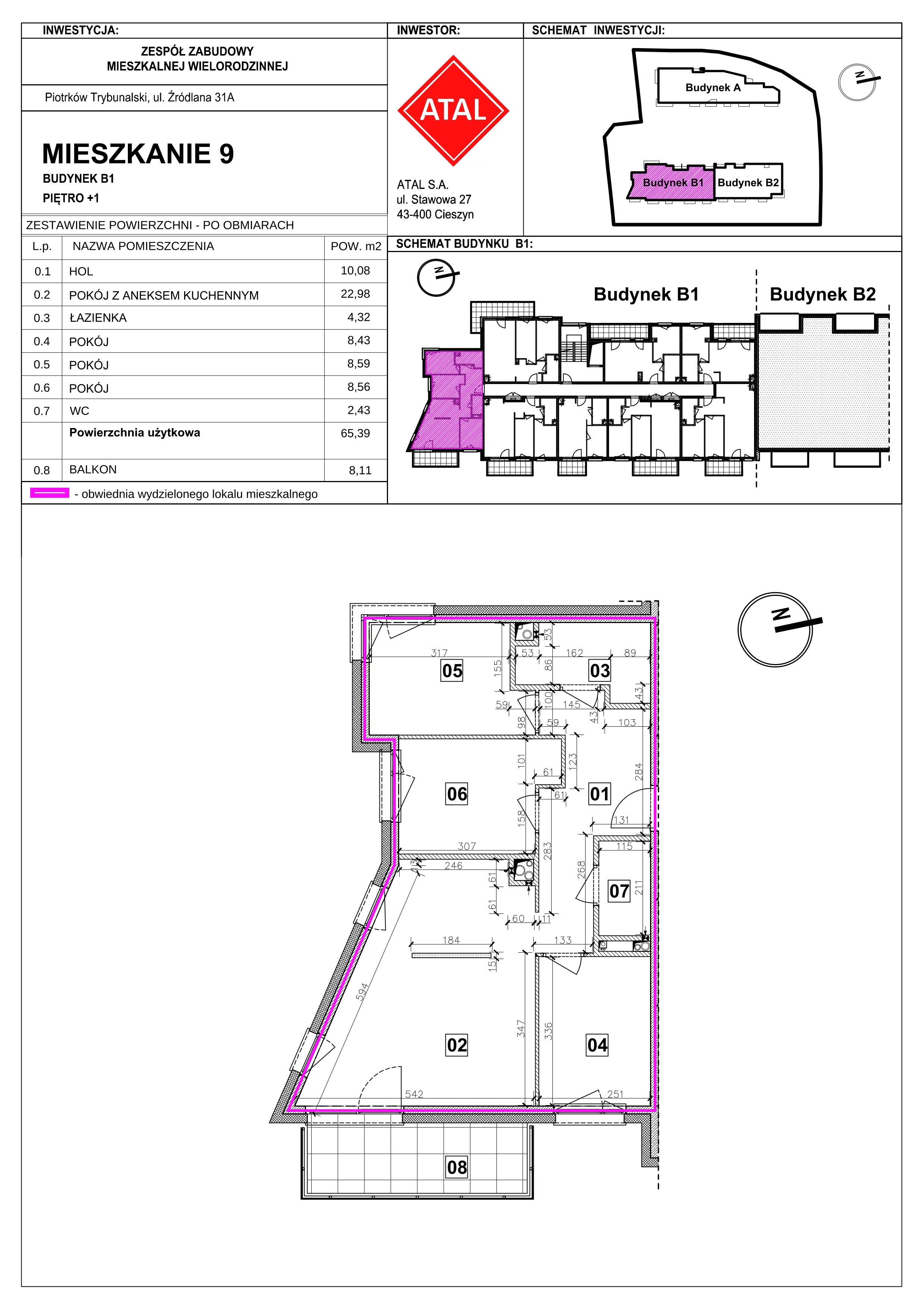 4 pokoje, mieszkanie 65,39 m², piętro 1, oferta nr B1-M-1-02, Źródlana 31 Residence, Piotrków Trybunalski, Źródlana, ul. Źródlana 31