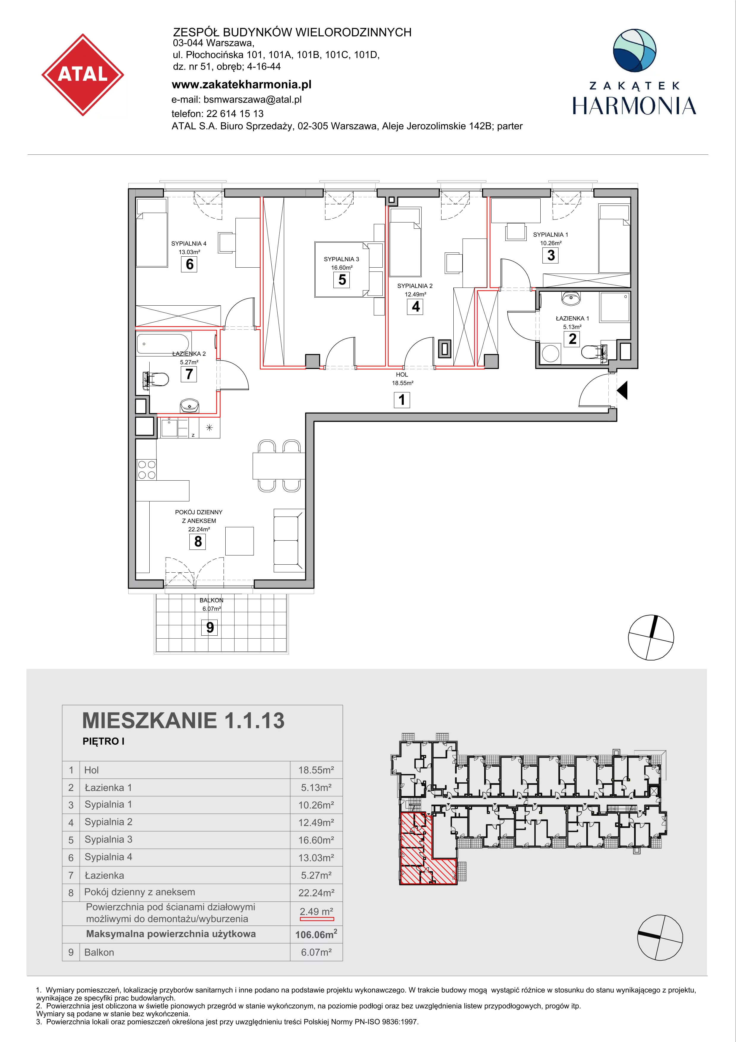 5 pokoi, mieszkanie 106,06 m², piętro 1, oferta nr 1.1.13, Zakątek Harmonia III, Warszawa, Białołęka, Szamocin, ul. Płochocińska