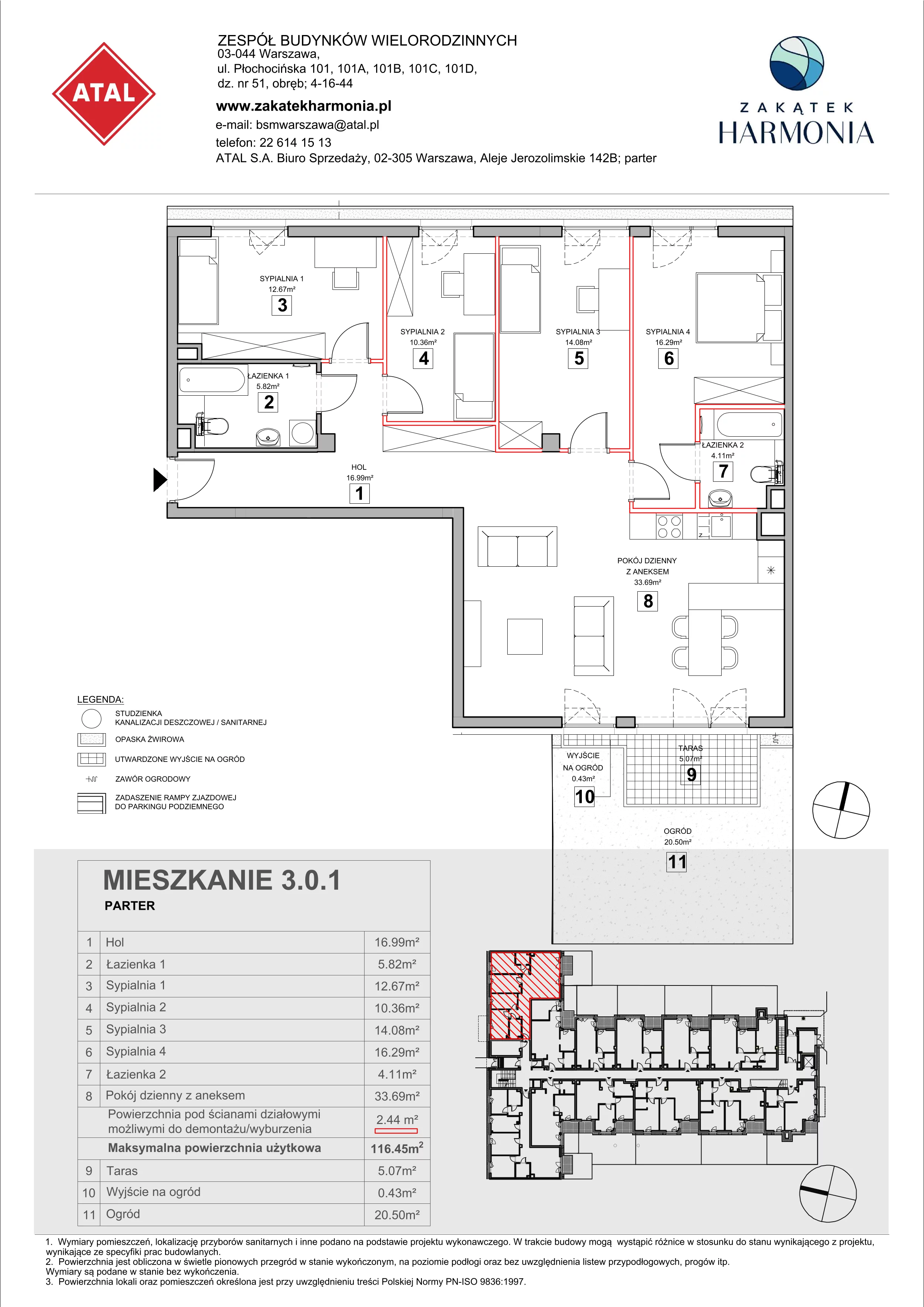 5 pokoi, mieszkanie 116,45 m², parter, oferta nr 3.0.1, Zakątek Harmonia III, Warszawa, Białołęka, Szamocin, ul. Płochocińska