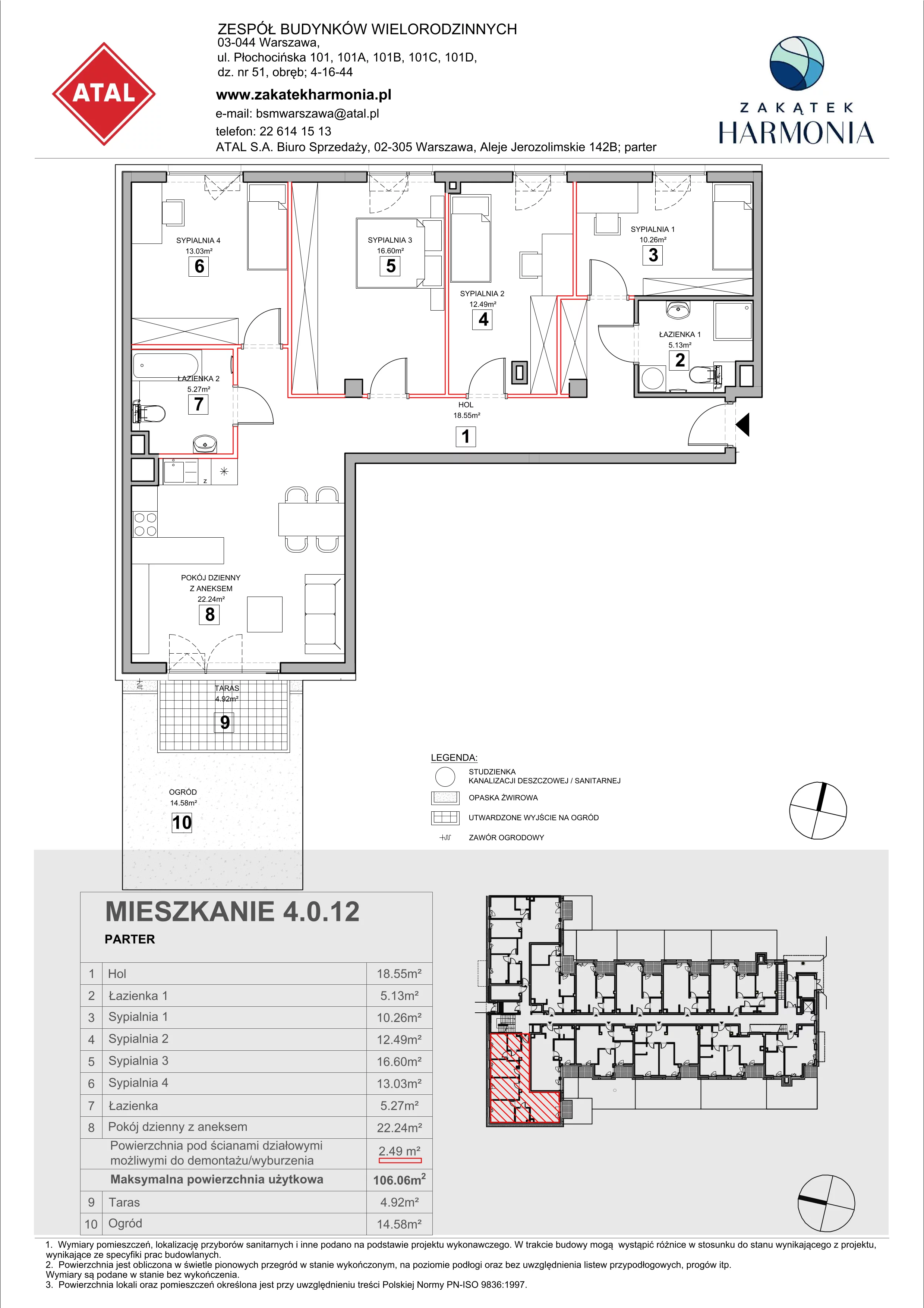 5 pokoi, mieszkanie 106,06 m², parter, oferta nr 4.0.12, Zakątek Harmonia III, Warszawa, Białołęka, Szamocin, ul. Płochocińska