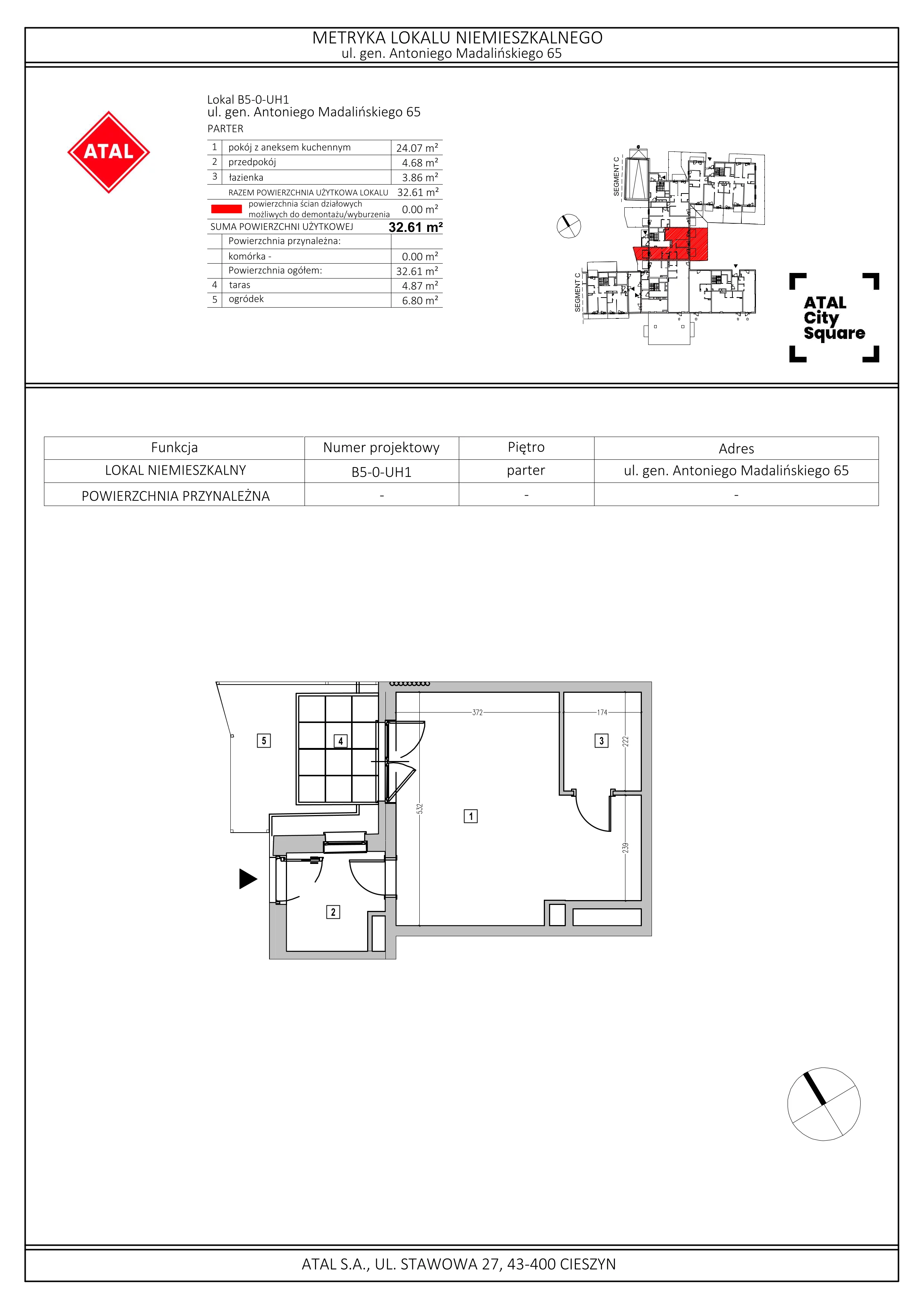 Apartament inwestycyjny 32,61 m², parter, oferta nr B5-0-UH1, ATAL City Square - apartamenty inwestycyjne, Wrocław, Przedmieście Oławskie, Krzyki, ul. gen. Kazimierza Pułaskiego