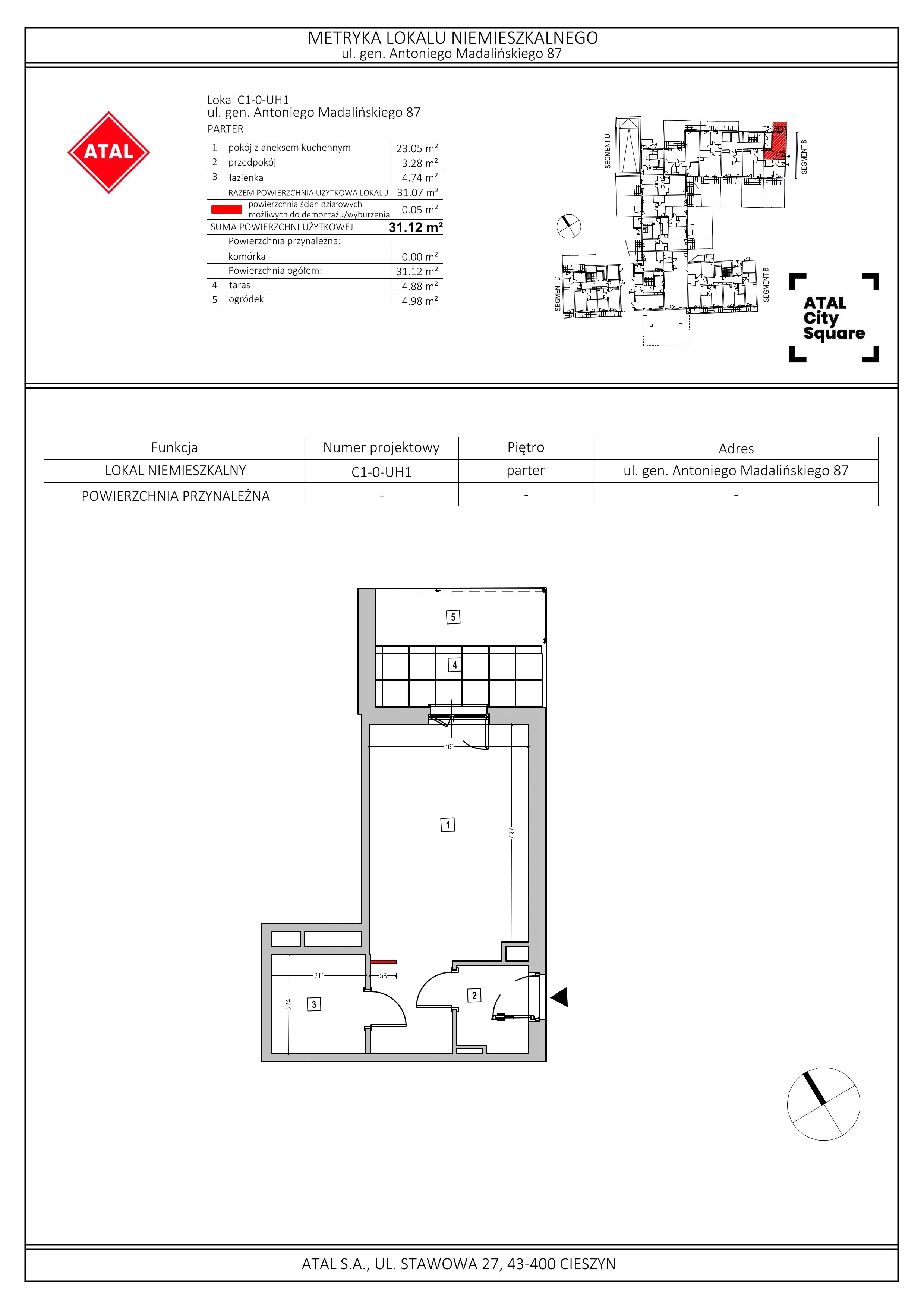 Apartament inwestycyjny 31,12 m², parter, oferta nr C1-0-UH1, ATAL City Square - apartamenty inwestycyjne, Wrocław, Przedmieście Oławskie, Krzyki, ul. gen. Kazimierza Pułaskiego