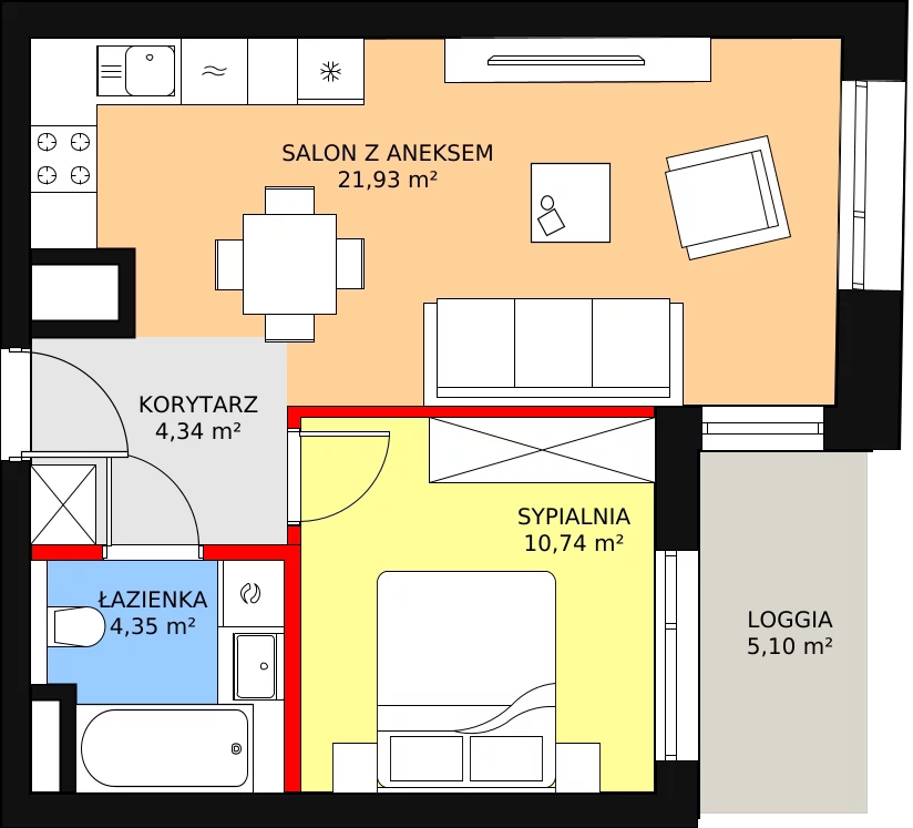 2 pokoje, mieszkanie 41,36 m², piętro 1, oferta nr A-01-02A, ATAL Olimpijska, Katowice, Bogucice, ul. Olimpijska / al. Korfantego