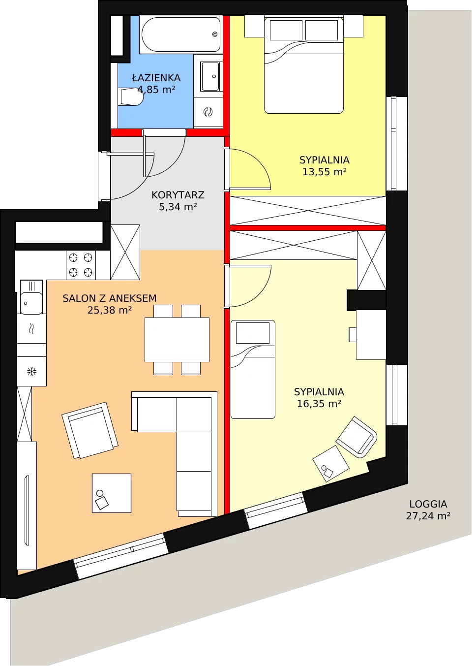 3 pokoje, mieszkanie 65,47 m², piętro 1, oferta nr A-01-03A, ATAL Olimpijska, Katowice, Bogucice, ul. Olimpijska / al. Korfantego