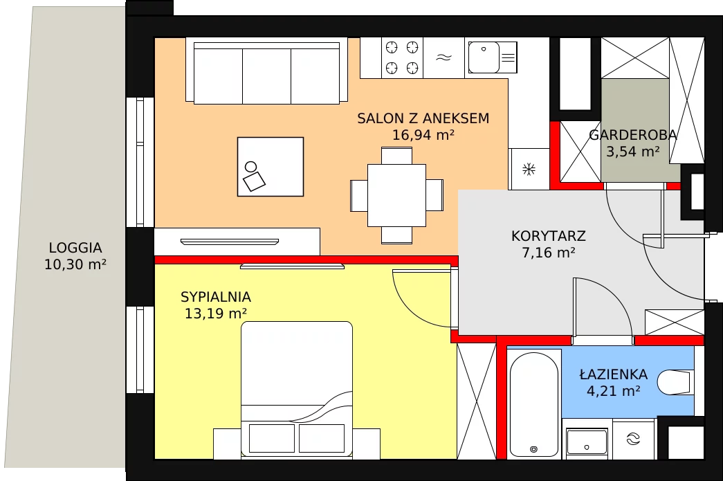 2 pokoje, mieszkanie 45,04 m², piętro 1, oferta nr A-01-07A, ATAL Olimpijska, Katowice, Bogucice, ul. Olimpijska / al. Korfantego