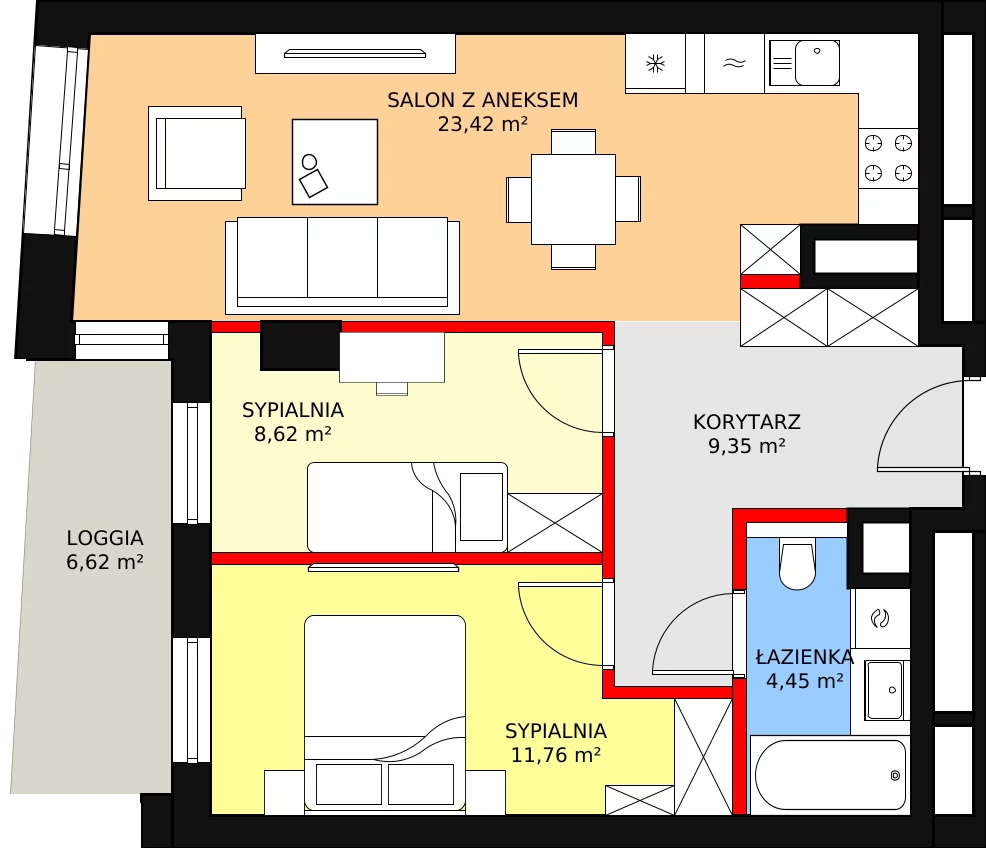 3 pokoje, mieszkanie 57,60 m², piętro 1, oferta nr A-01-08A, ATAL Olimpijska, Katowice, Bogucice, ul. Olimpijska / al. Korfantego