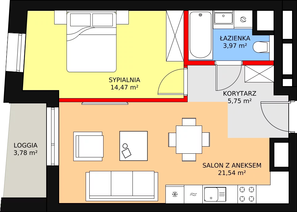 2 pokoje, mieszkanie 45,73 m², piętro 1, oferta nr A-01-09A, ATAL Olimpijska, Katowice, Bogucice, ul. Olimpijska / al. Korfantego