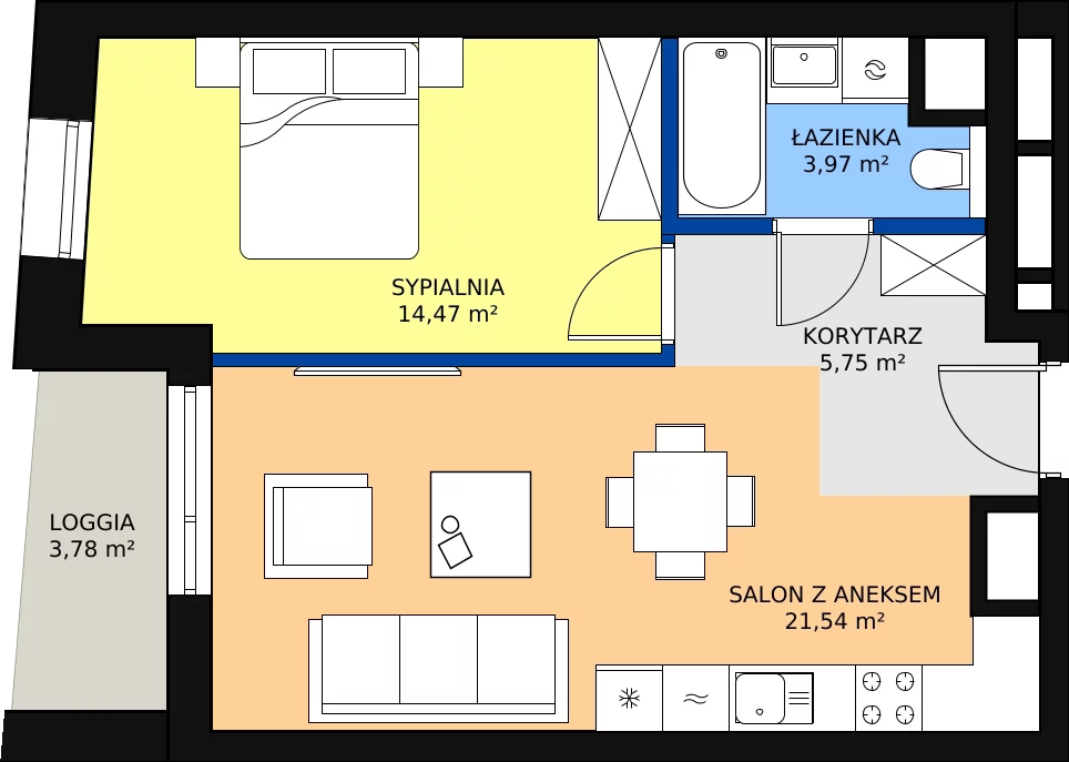 2 pokoje, apartament 45,73 m², piętro 1, oferta nr A-01-09A, ATAL Olimpijska, Katowice, Bogucice, ul. Olimpijska / al. Korfantego