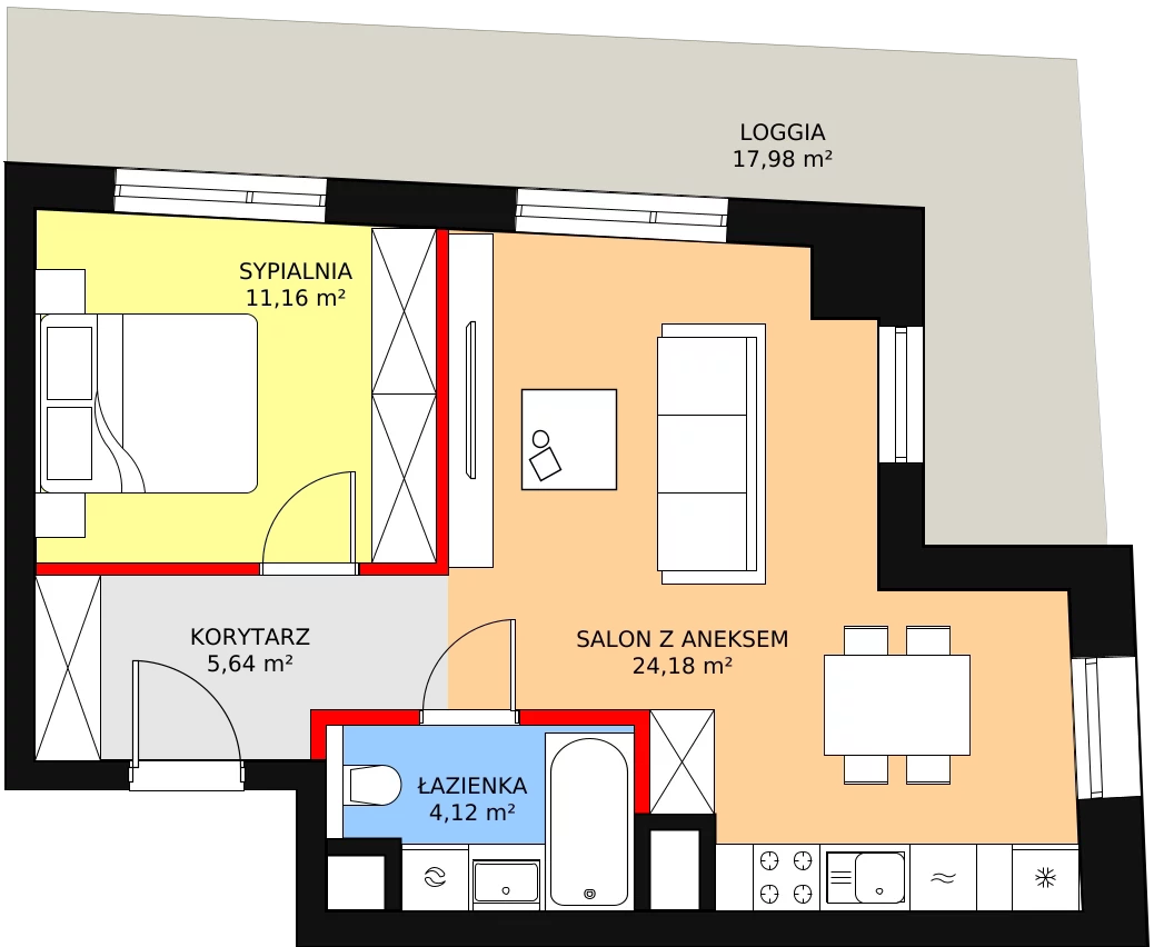 2 pokoje, mieszkanie 45,10 m², piętro 1, oferta nr A-01-11A, ATAL Olimpijska, Katowice, Bogucice, ul. Olimpijska / al. Korfantego