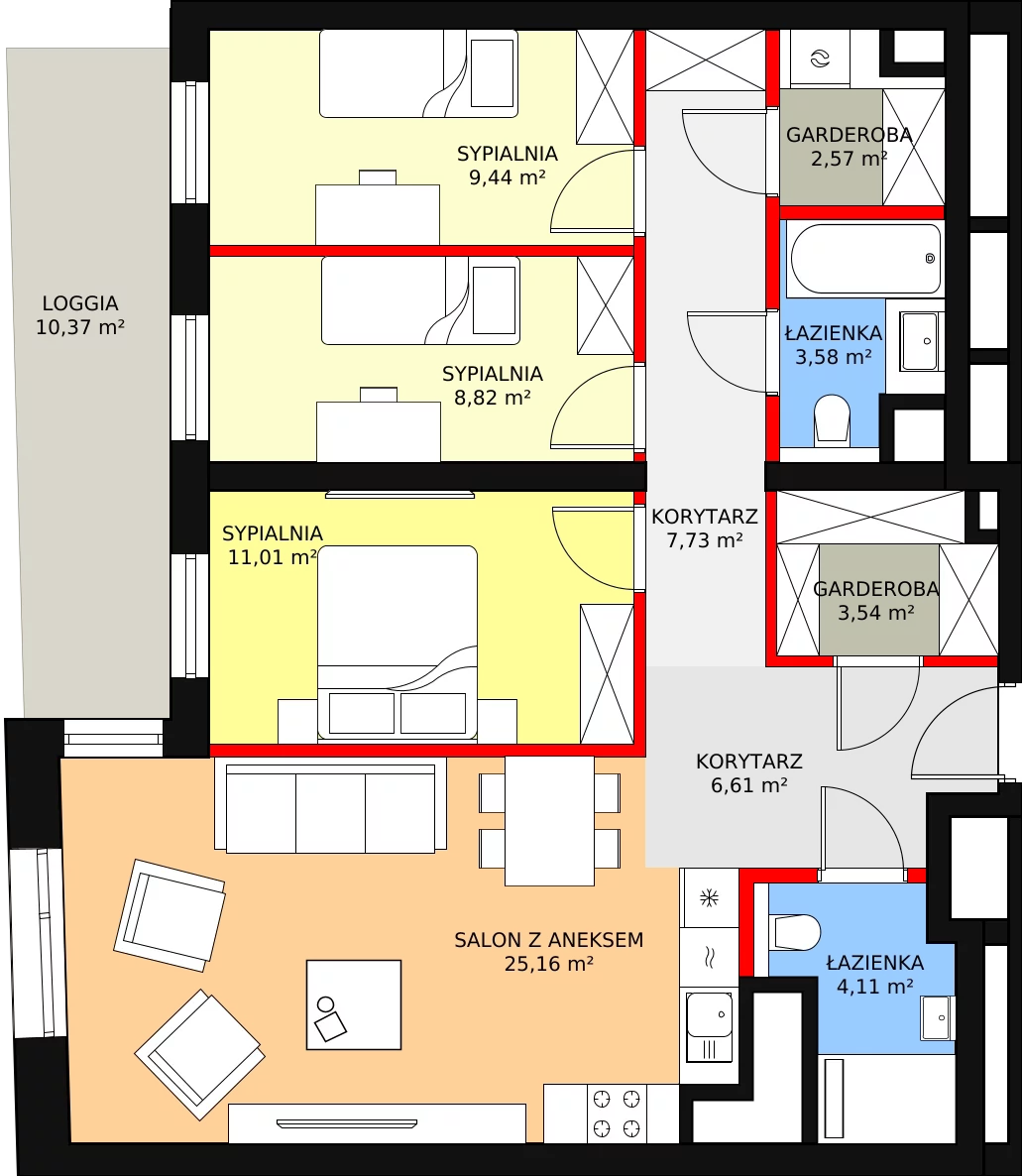 4 pokoje, mieszkanie 82,57 m², piętro 10, oferta nr A-10-127A, ATAL Olimpijska, Katowice, Bogucice, ul. Olimpijska / al. Korfantego